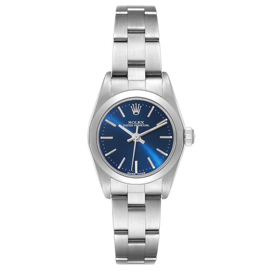 Rolex Oyster Perpetual 24mm Blue Dial Steel Ladies Watch 76080 Box Papers. Officially certified chronometer automatic self-winding movement. Stainless steel oyster case 24.0 mm in diameter. Rolex logo on the crown. Stainless steel smooth bezel.