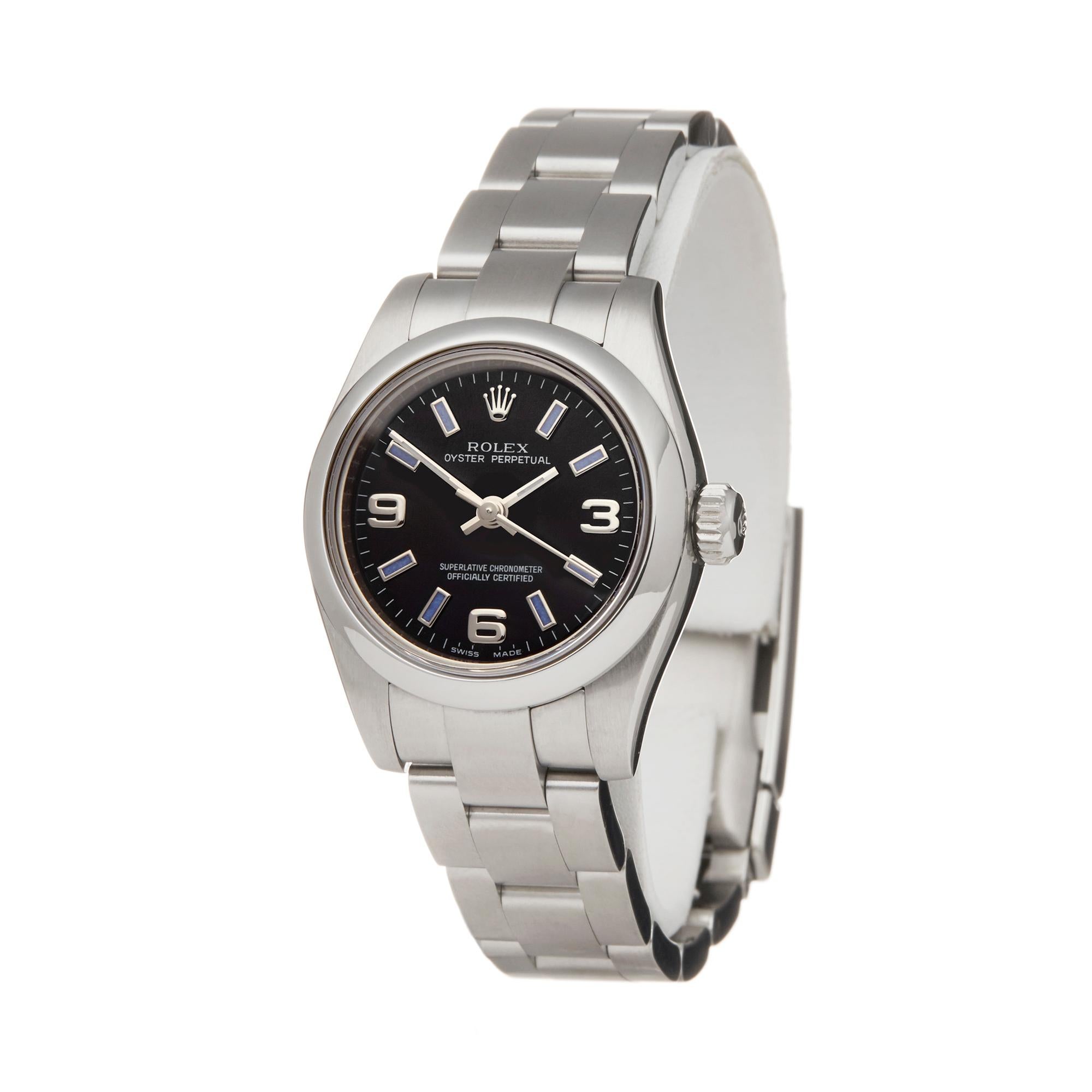 Reference: W5782
Manufacturer: Rolex
Model: Oyster Perpetual
Model Reference: 176200
Age: 16th April 2013
Gender: Women's
Box and Papers: Box and Guarantee Only
Dial: Black Arabic
Glass: Sapphire Crystal
Movement: Automatic
Water Resistance: To