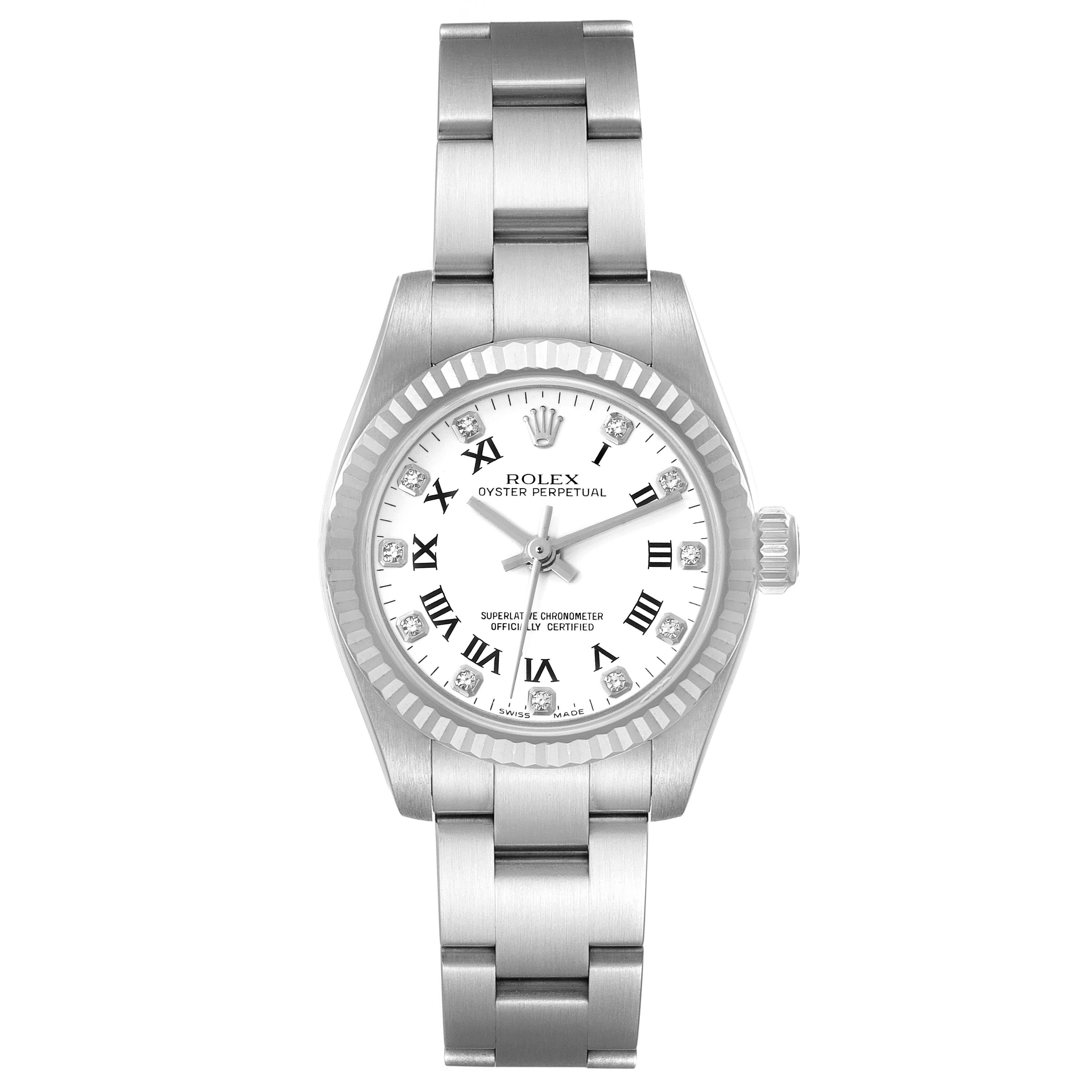 Rolex Oyster Perpetual 26 Steel White Gold Diamond Ladies Watch 176234. Officially certified chronometer self-winding automatic movement with quickset date function. Stainless steel oyster case 26.0 mm in diameter. Rolex logo on a crown. 18K white