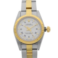 Rolex Oyster Perpetual 18 Karat Gold Steel White Roman Dial Ladies Watch 76193