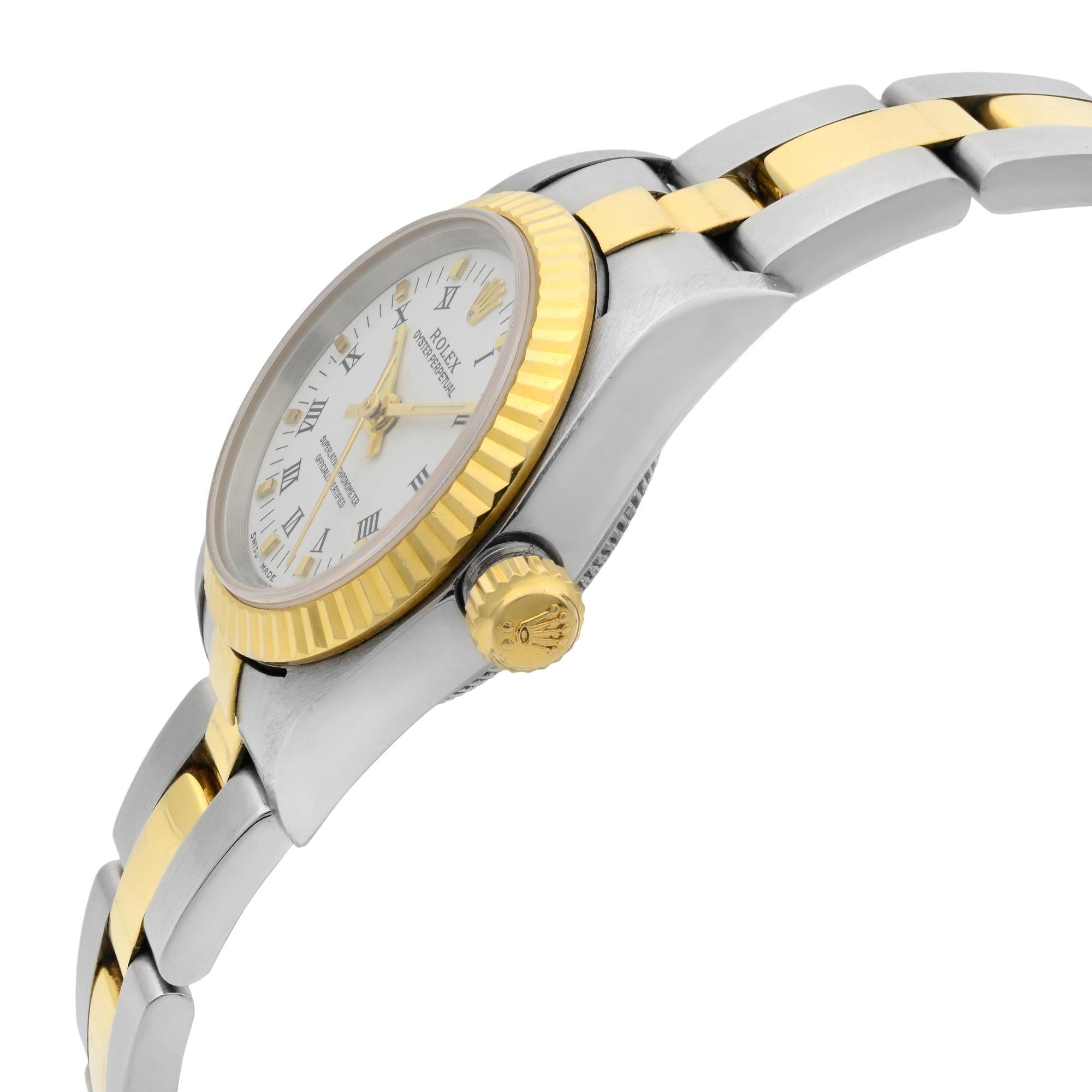 Rolex Oyster Perpetual 18 Karat Gold Steel White Roman Dial Ladies Watch 76193 In Excellent Condition In New York, NY