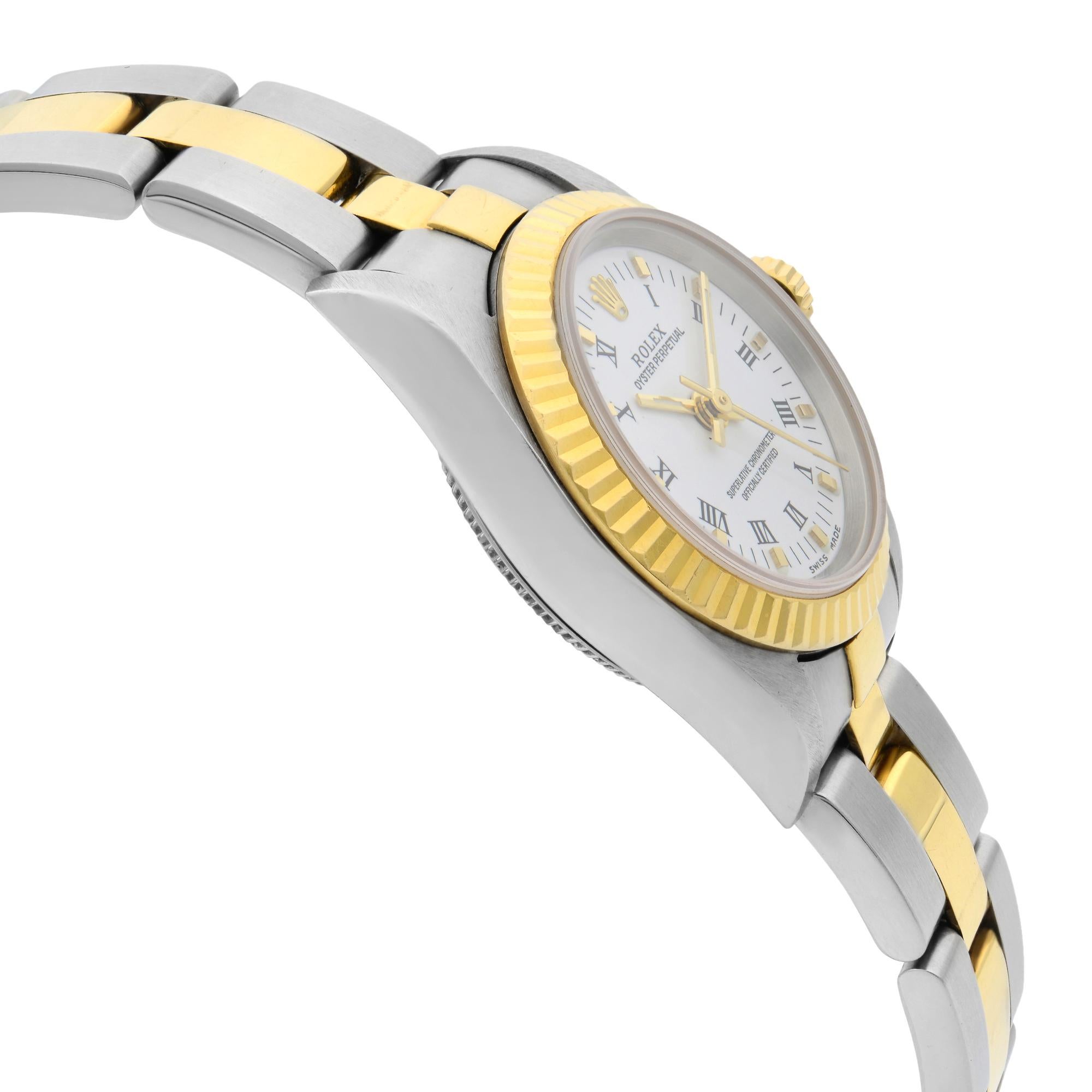 Women's Rolex Oyster Perpetual 18 Karat Gold Steel White Roman Dial Ladies Watch 76193