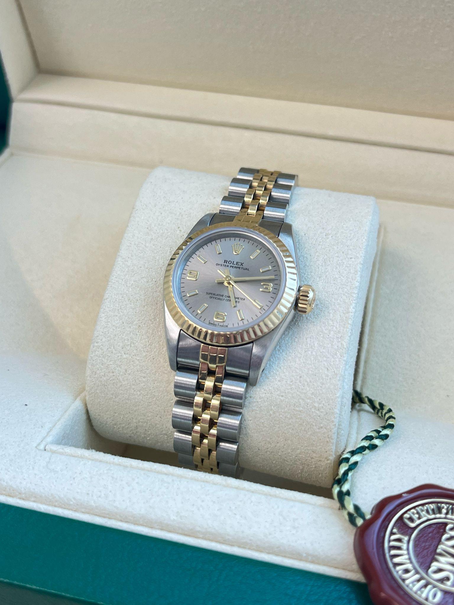 Rolex Oyster Perpetual 26mm Grey Dial Gold Steel Jubilee Bracelet Watch 67193 For Sale 5