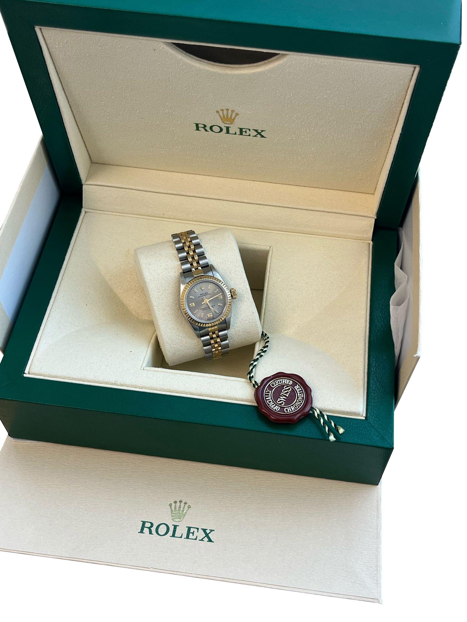 Rolex Oyster Perpetual 26mm Grey Dial Gold Steel Jubilee Bracelet Watch 67193 For Sale 6