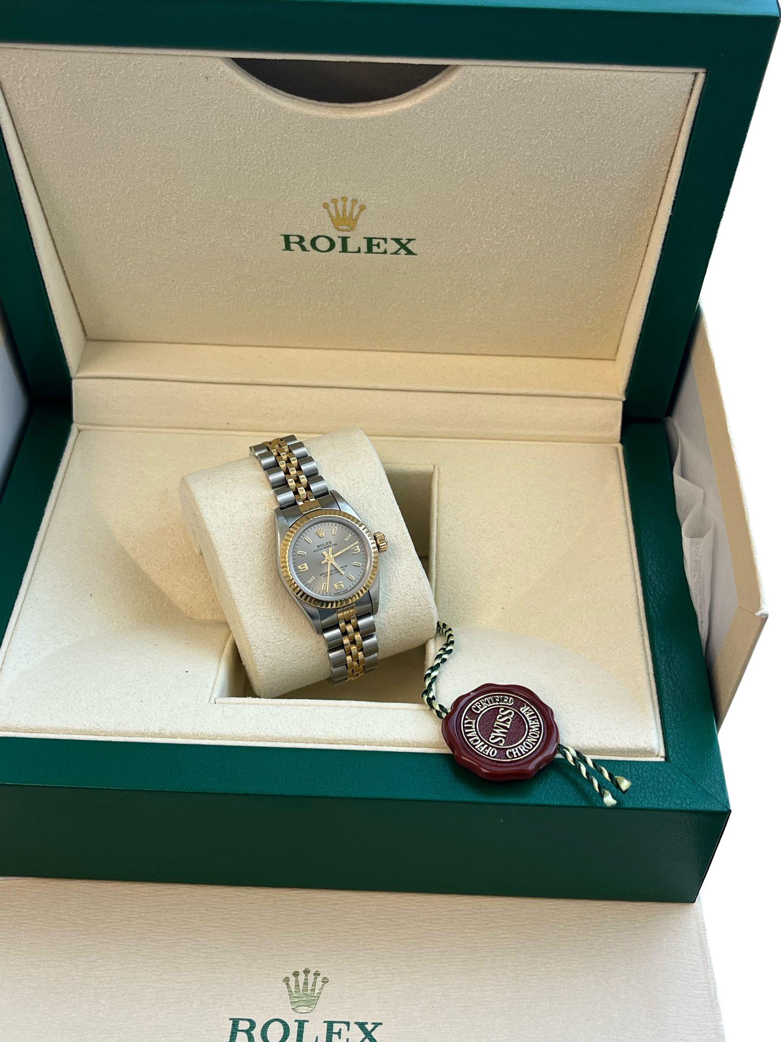 Rolex Oyster Perpetual 26mm Grey Dial Gold Steel Jubilee Bracelet Watch 67193 For Sale 7