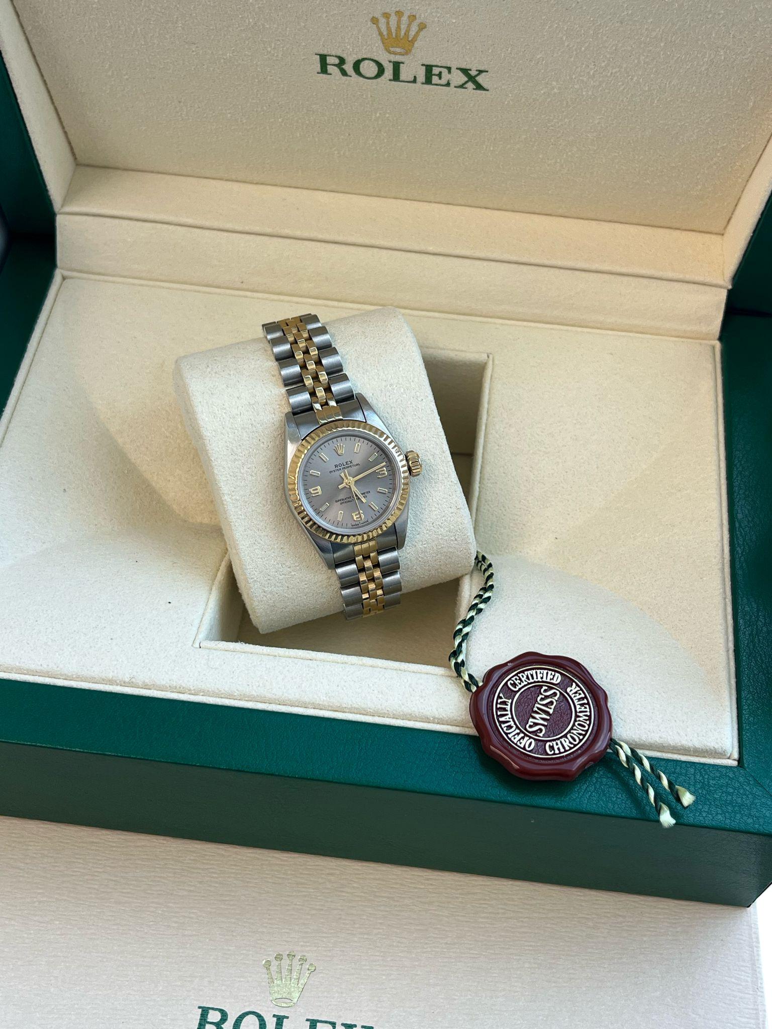 Rolex Oyster Perpetual 26mm Grey Dial Gold Steel Jubilee Bracelet Watch 67193 For Sale 8