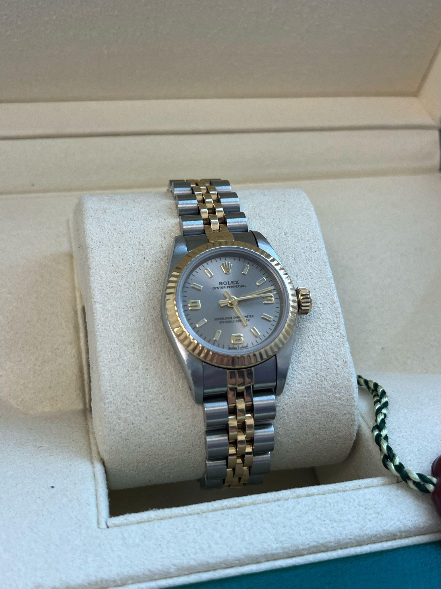 Rolex Oyster Perpetual 26mm Grey Dial Gold Steel Jubilee Bracelet Watch 67193 For Sale 9