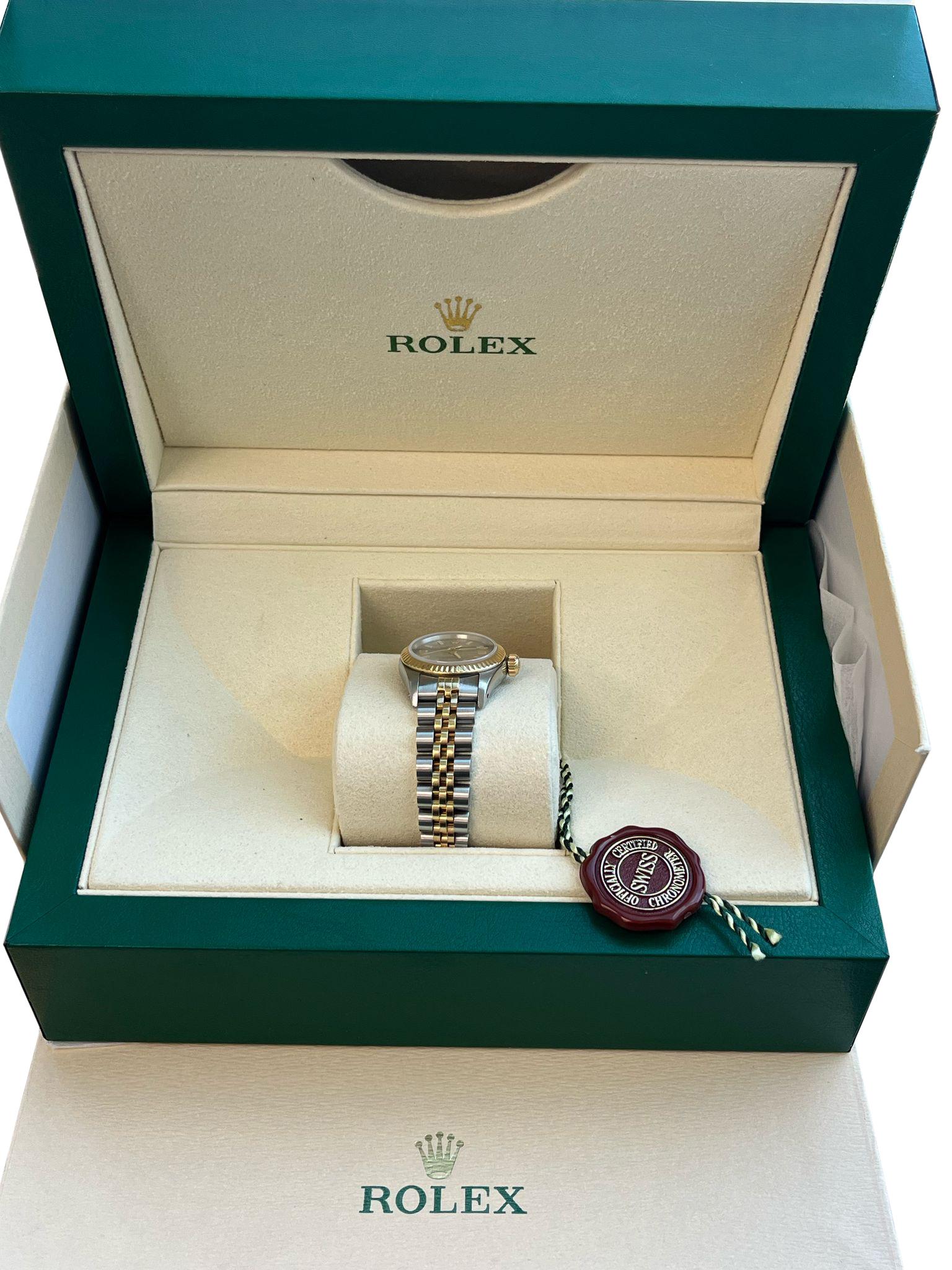 Rolex Oyster Perpetual 26mm Grey Dial Gold Steel Jubilee Bracelet Watch 67193 For Sale 10