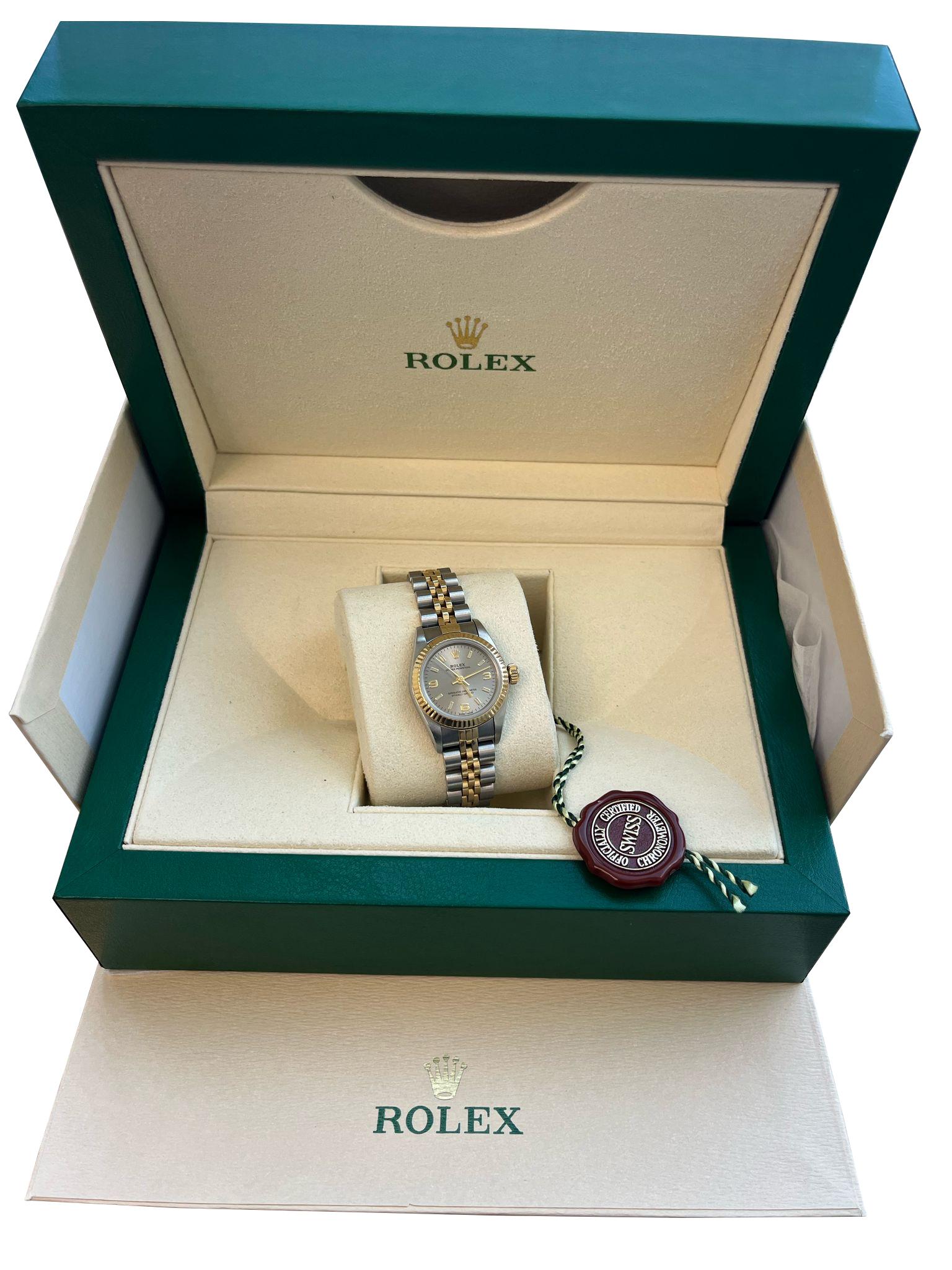 Rolex Oyster Perpetual 67193 with a grey 3-6-9 dial is a direct descendant of the first waterproof wristwatch that debuted in 1926. The Oyster Perpetual has long been Rolex's most straightforward offering, a simple yet incredible watch. It presents