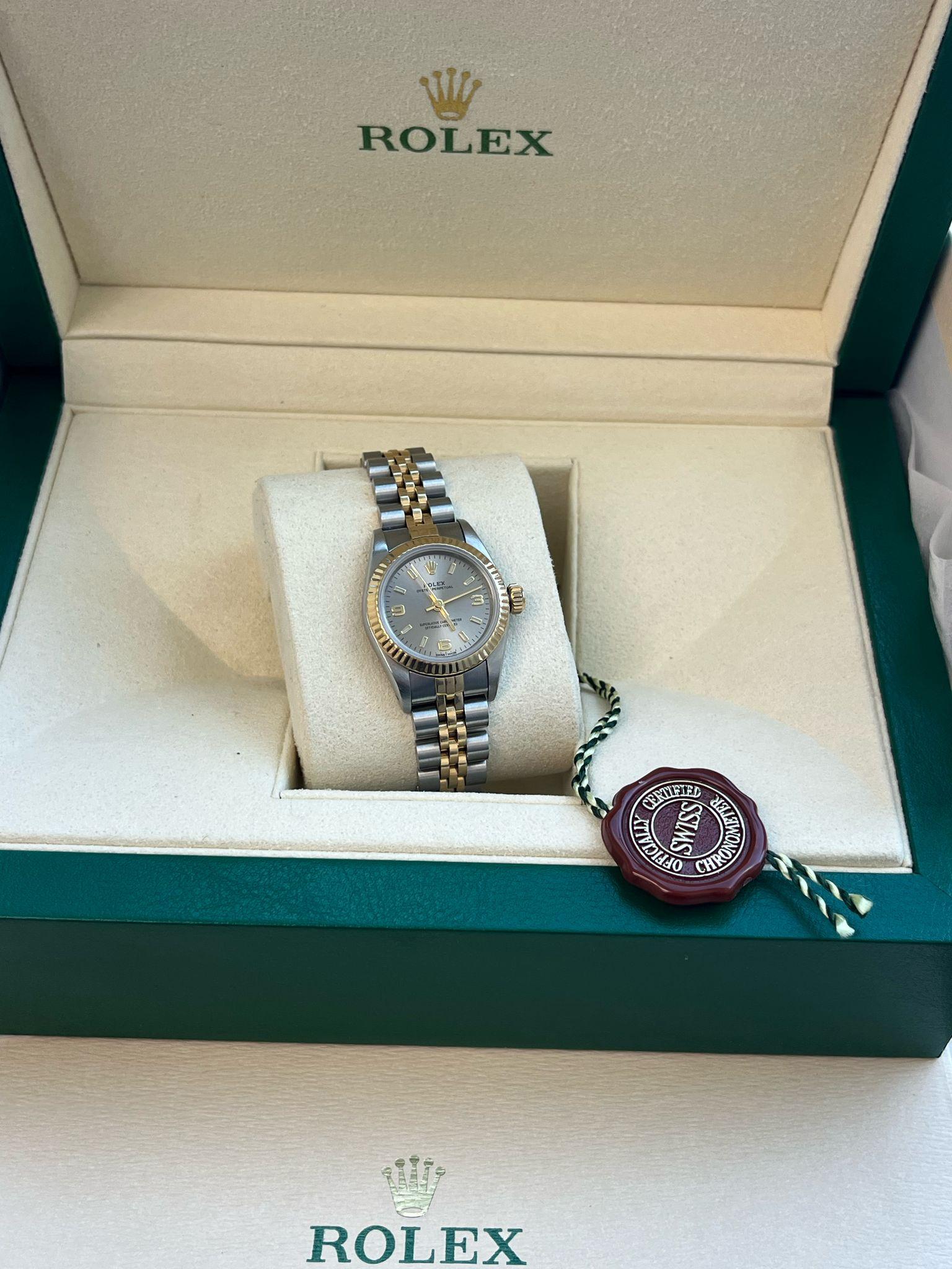 Modernist Rolex Oyster Perpetual 26mm Grey Dial Gold Steel Jubilee Bracelet Watch 67193 For Sale