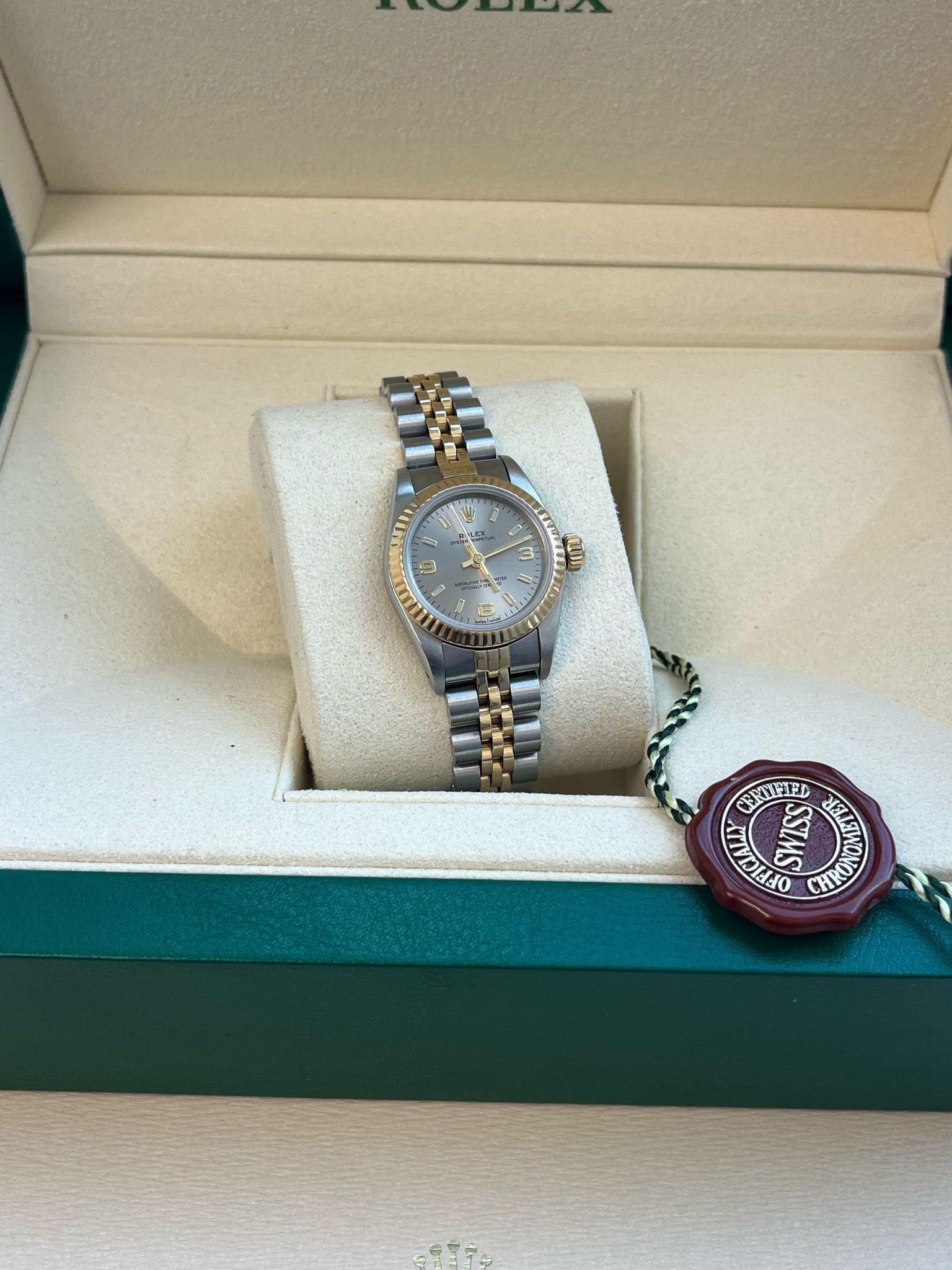 Rolex Oyster Perpetual 26mm Grey Dial Gold Steel Jubilee Bracelet Watch 67193 In Good Condition For Sale In Aventura, FL