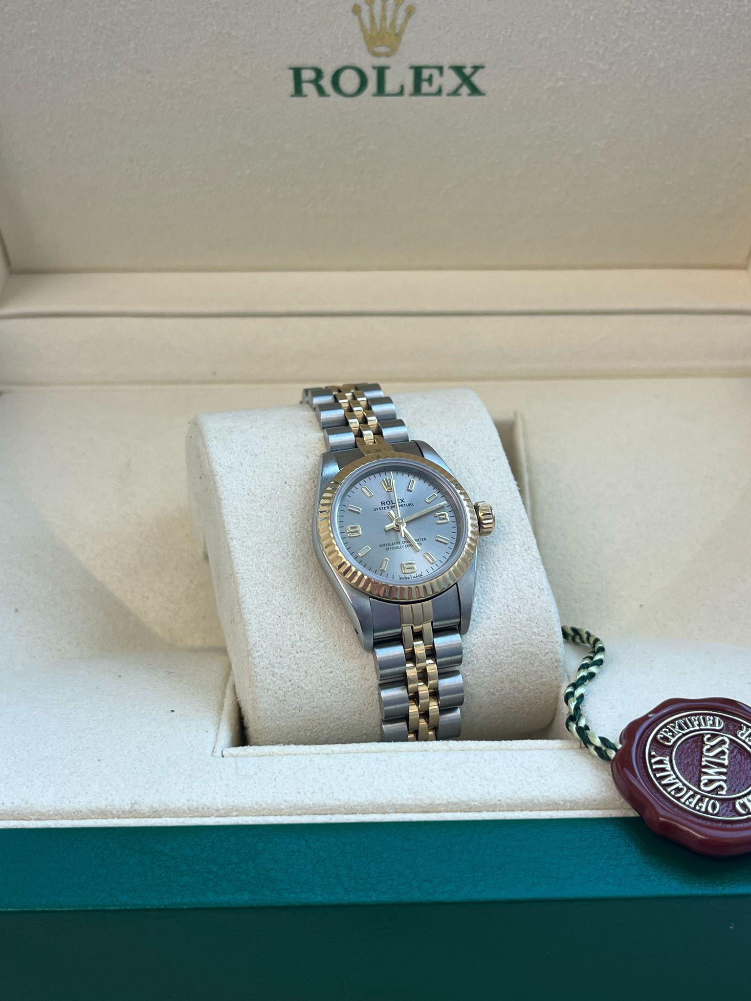 Women's Rolex Oyster Perpetual 26mm Grey Dial Gold Steel Jubilee Bracelet Watch 67193 For Sale