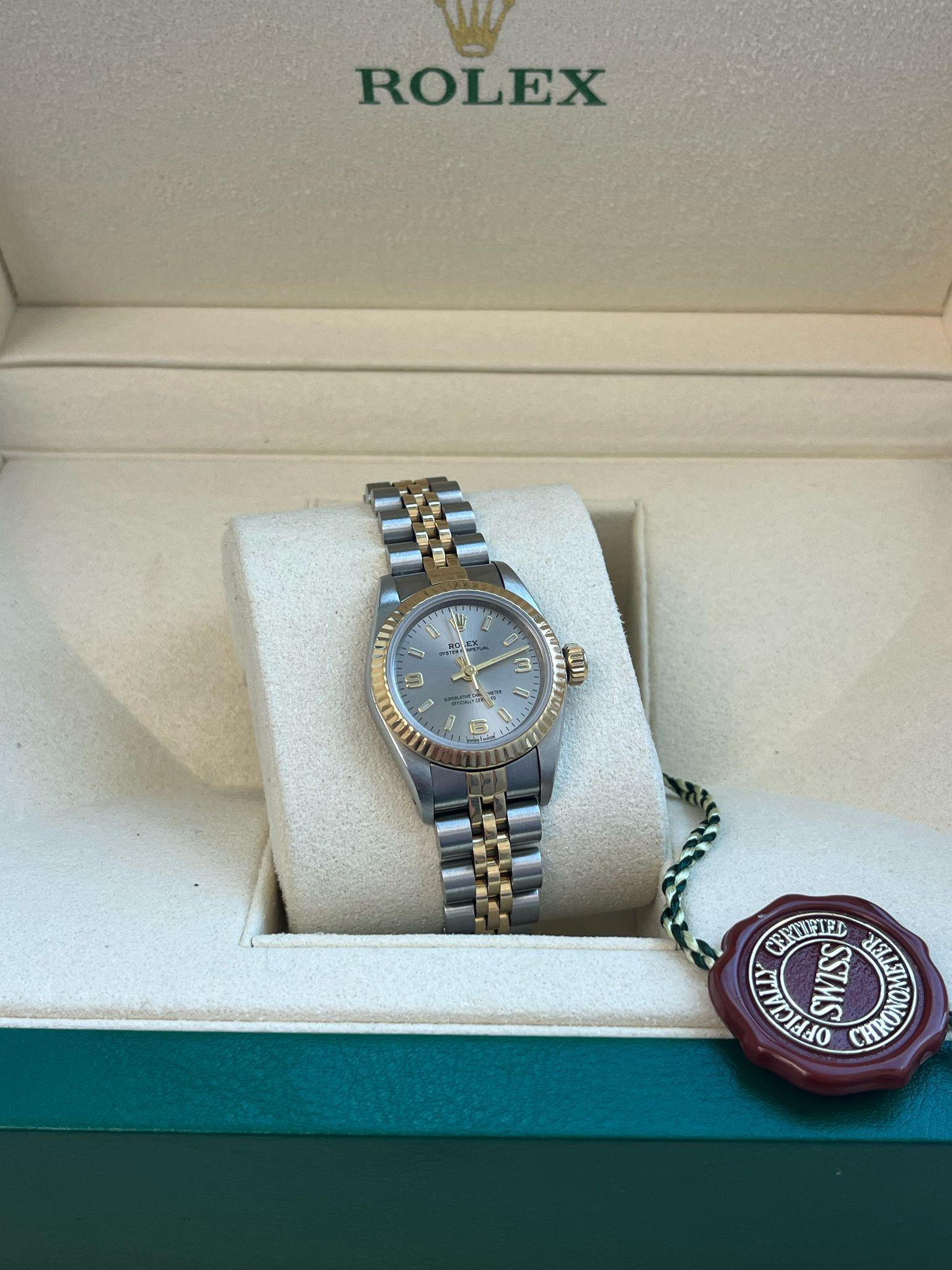 Rolex Oyster Perpetual 26mm Grey Dial Gold Steel Jubilee Bracelet Watch 67193 For Sale 1
