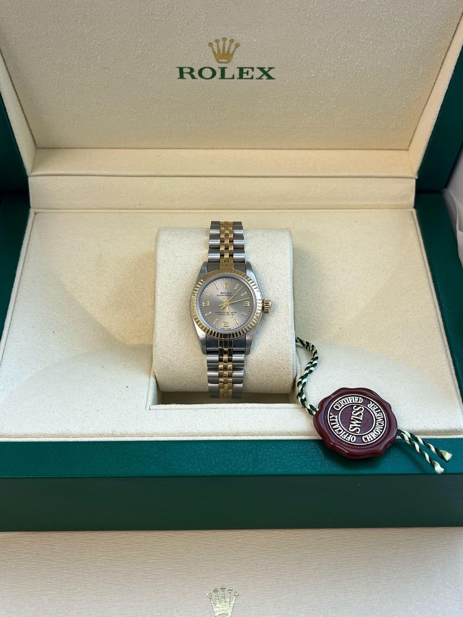 Rolex Oyster Perpetual 26mm Grey Dial Gold Steel Jubilee Bracelet Watch 67193 For Sale 2