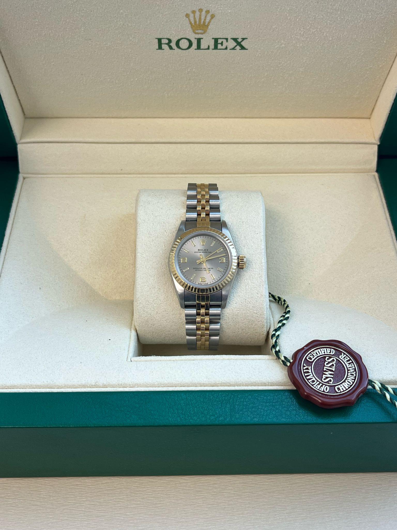 Rolex Oyster Perpetual 26mm Grey Dial Gold Steel Jubilee Bracelet Watch 67193 For Sale 3