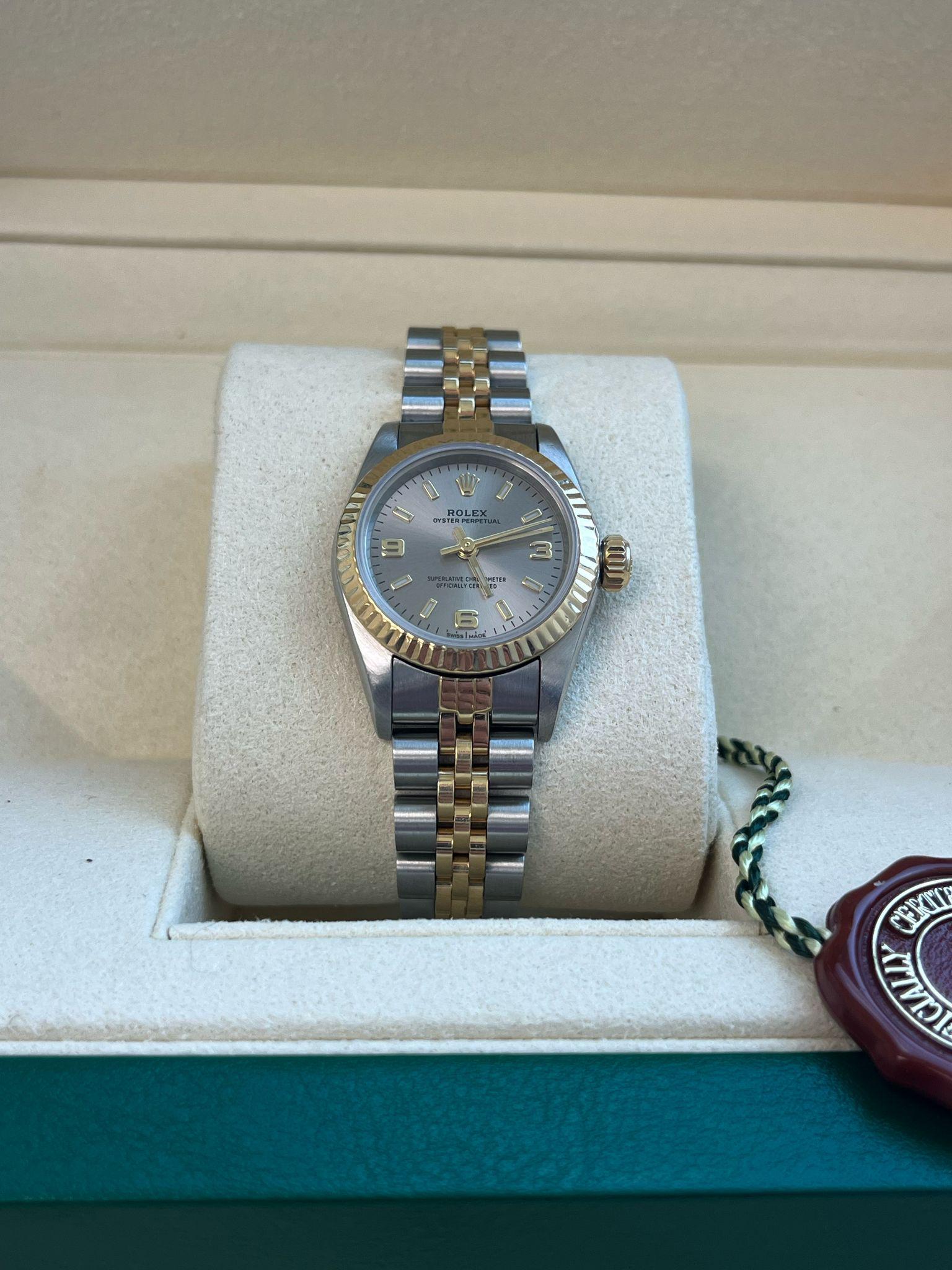 Rolex Oyster Perpetual 26mm Grey Dial Gold Steel Jubilee Bracelet Watch 67193 For Sale 4