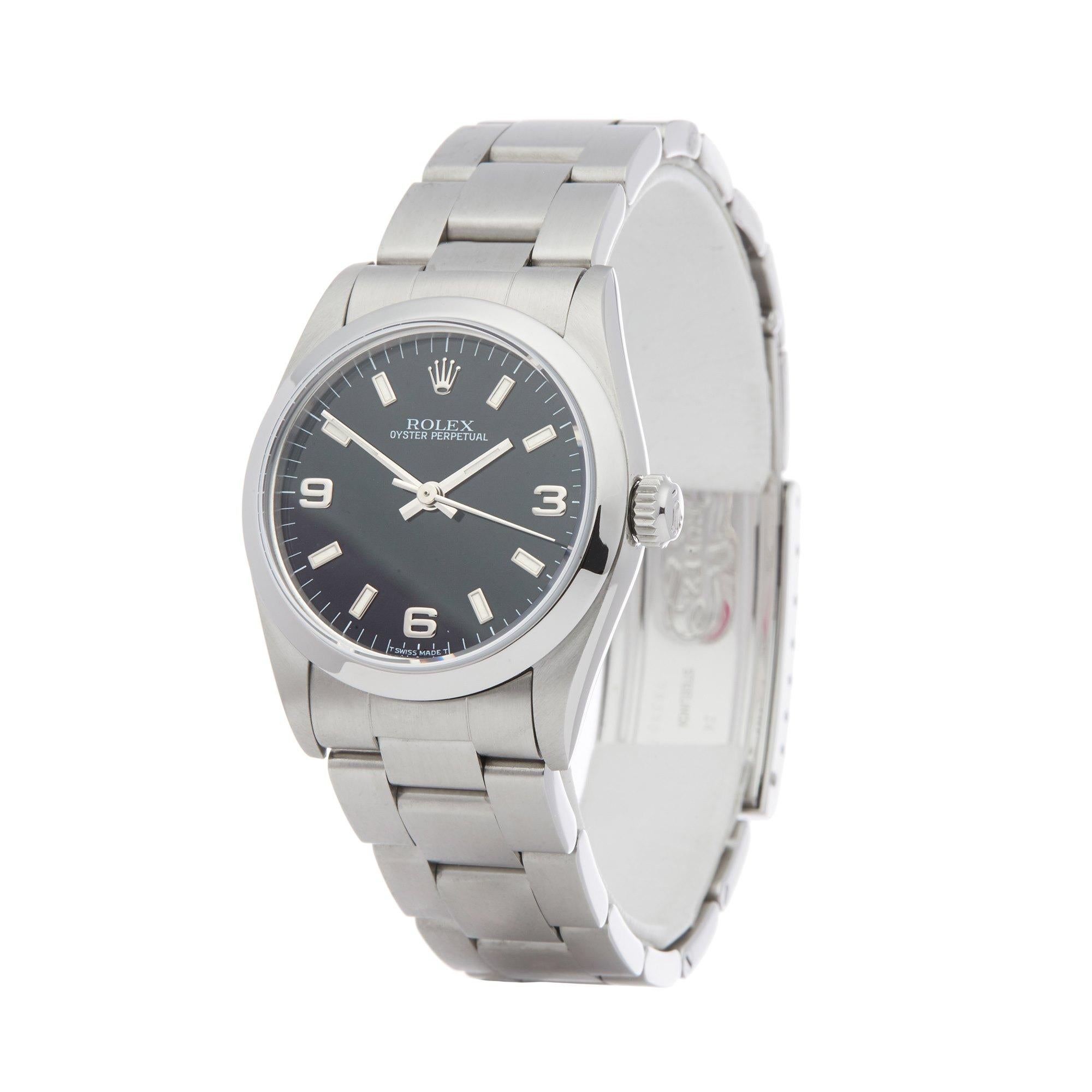 Xupes Reference: W007605
Manufacturer: Rolex
Model: Oyster Perpetual
Model Variant: 31
Model Number: 67480 
Age: 20-07-1997
Gender: Ladies
Complete With: Rolex Box, Guarantee & Swing Tag
Dial: Black Baton
Glass: Sapphire Crystal
Case Size: 31mm
Case
