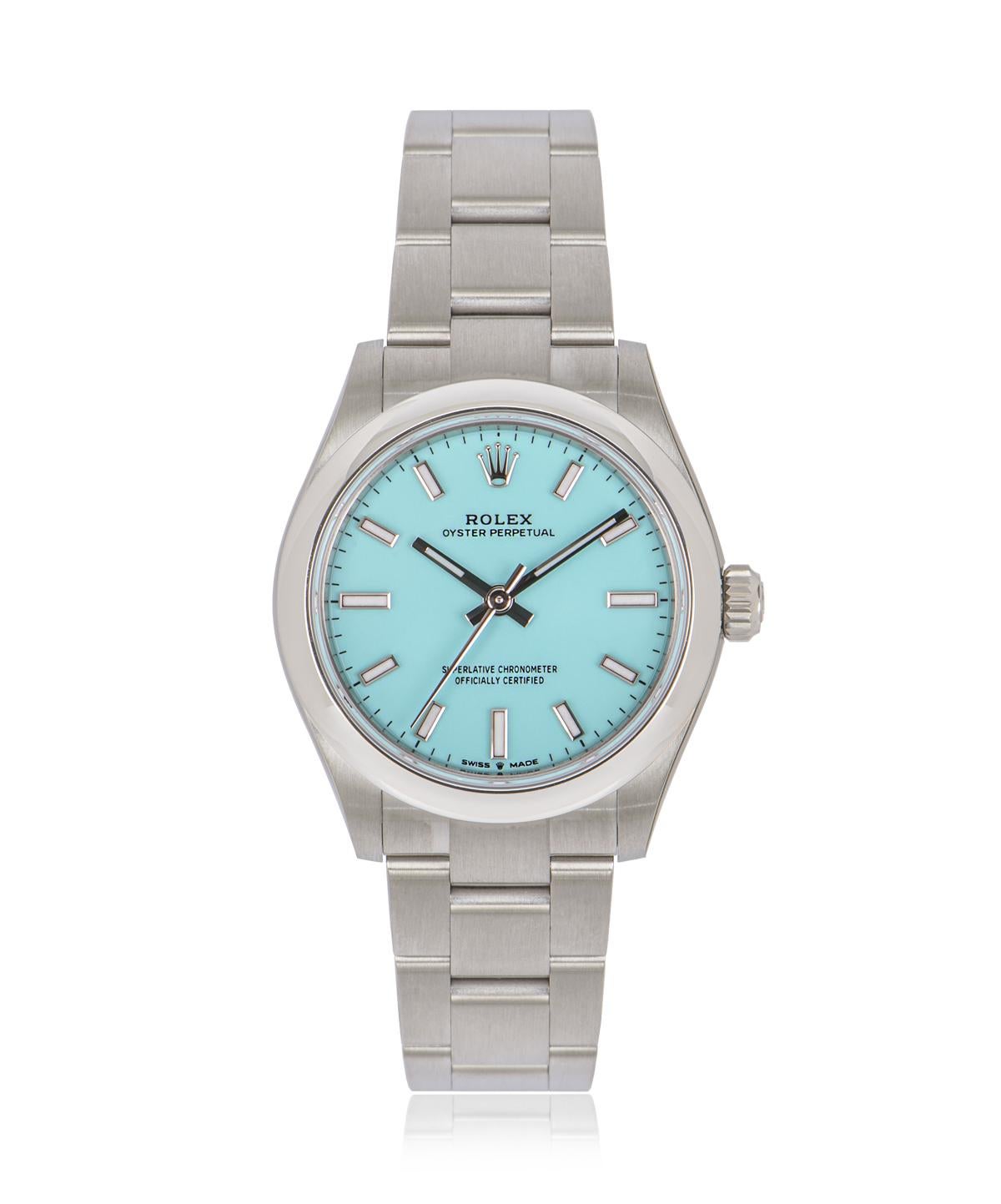 An unworn Oyster Perpetual 31 in Oystersteel from Rolex. Features a turquoise blue dial reminiscent of Tiffany & Co.'s blue and a smooth domed bezel. The Oyster bracelet comes with a folding Oysterclasp which is equipped with the Easylink 5mm