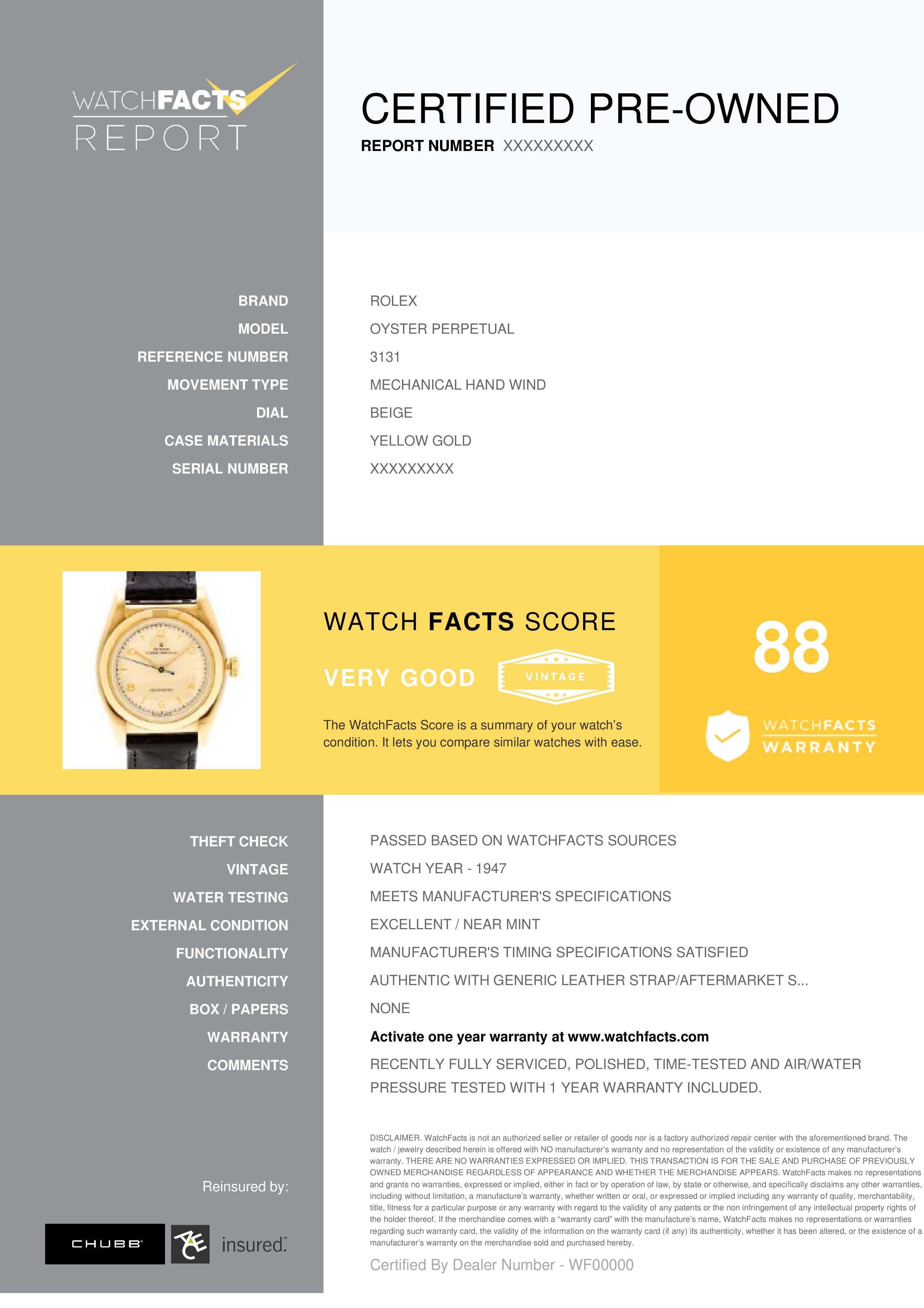 Rolex Oyster Perpetual Reference #: 3131. Mens Mechanical Hand Wind Watch Yellow Gold Beige 30 MM. Verified and Certified by WatchFacts. 1 year warranty offered by WatchFacts.

