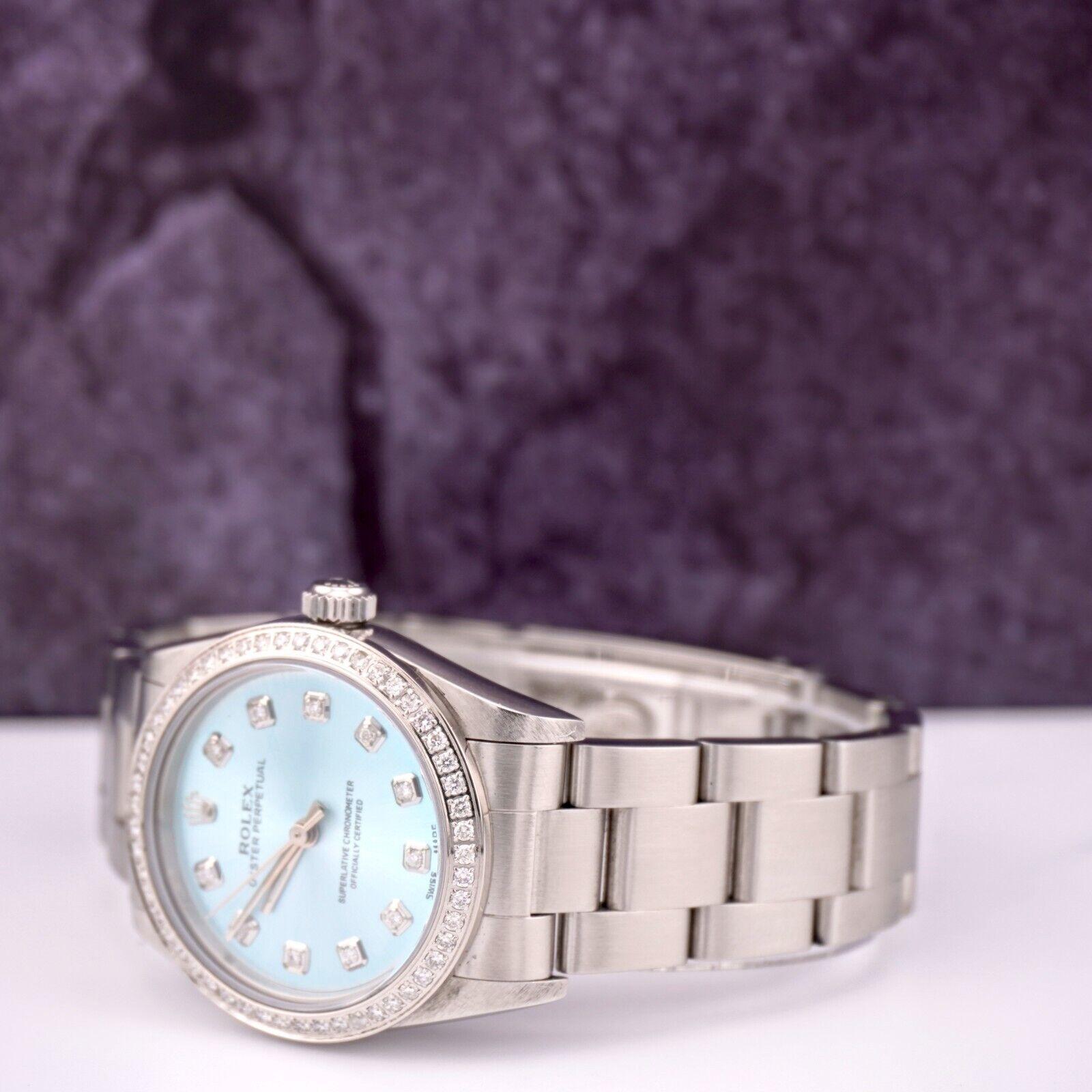 Modern Rolex Oyster Perpetual 31mm 1.75ct Diamonds ICE Blue Steel Watch Ref 77080 For Sale