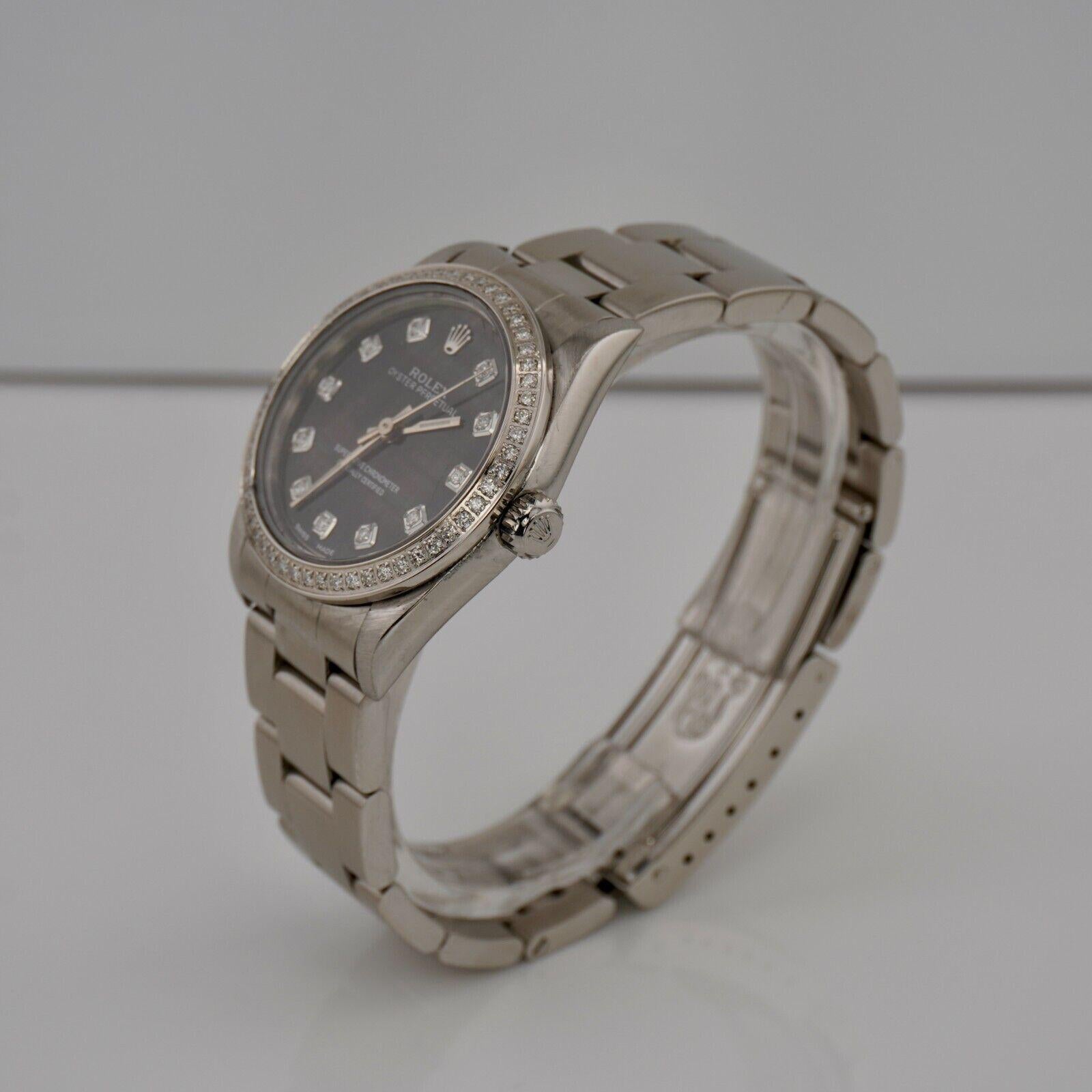 Modern Rolex Oyster Perpetual 31mm 1ct Diamonds Black MOP Dial Watch 77080 For Sale