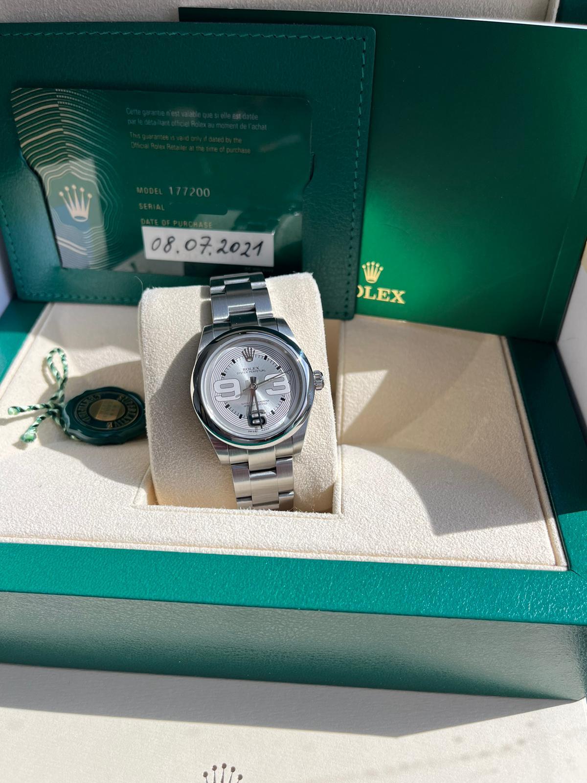 Rolex Oyster Perpetual 31mm Maxi Arabic Dial Automatic Ladies Watch 177200 In New Condition For Sale In Aventura, FL