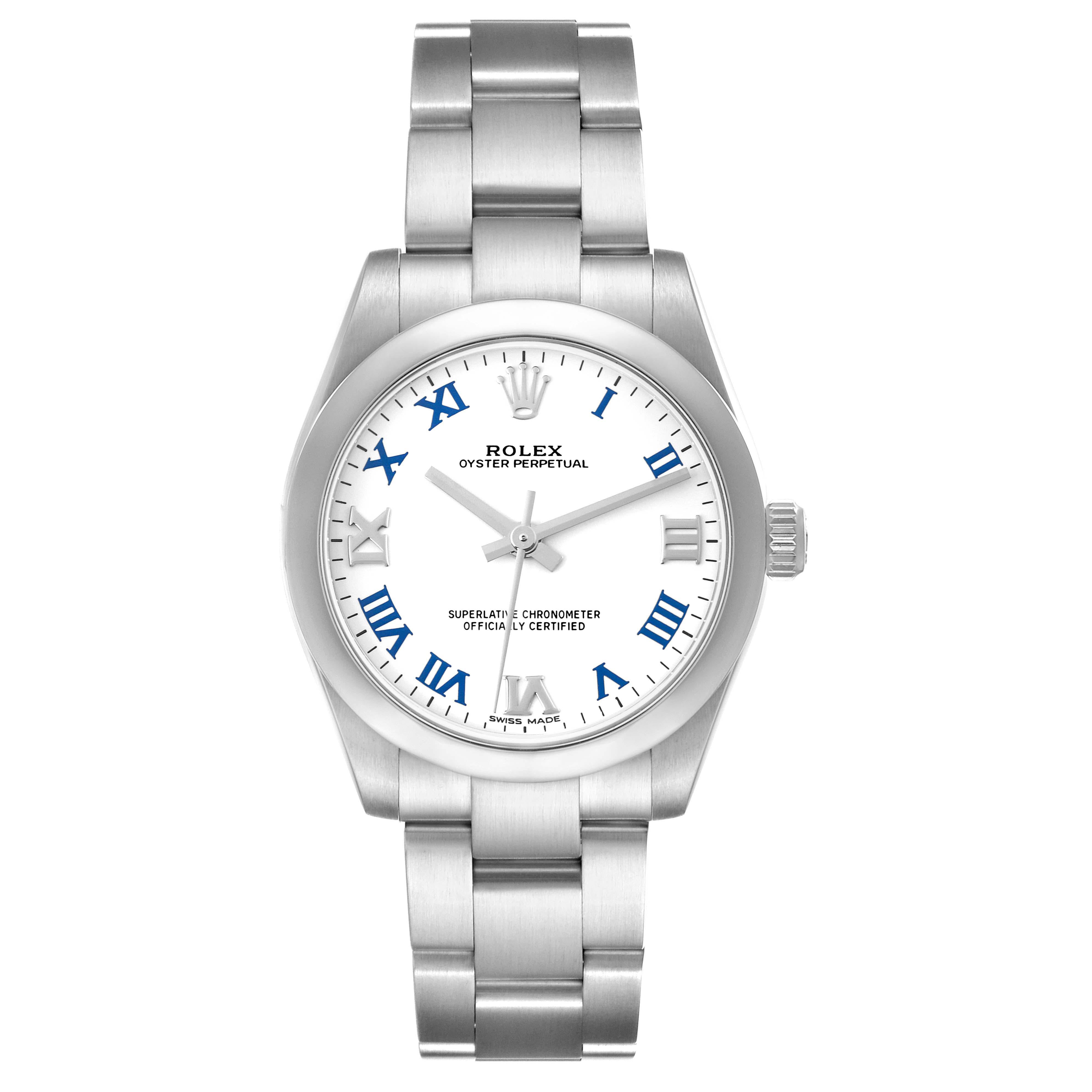 Rolex Oyster Perpetual 31mm Midsize White Dial Ladies Watch 177200 Box Card. Officially certified chronometer automatic self-winding movement. Stainless steel oyster case 31.0 mm in diameter. Rolex logo on the crown. Stainless steel smooth domed