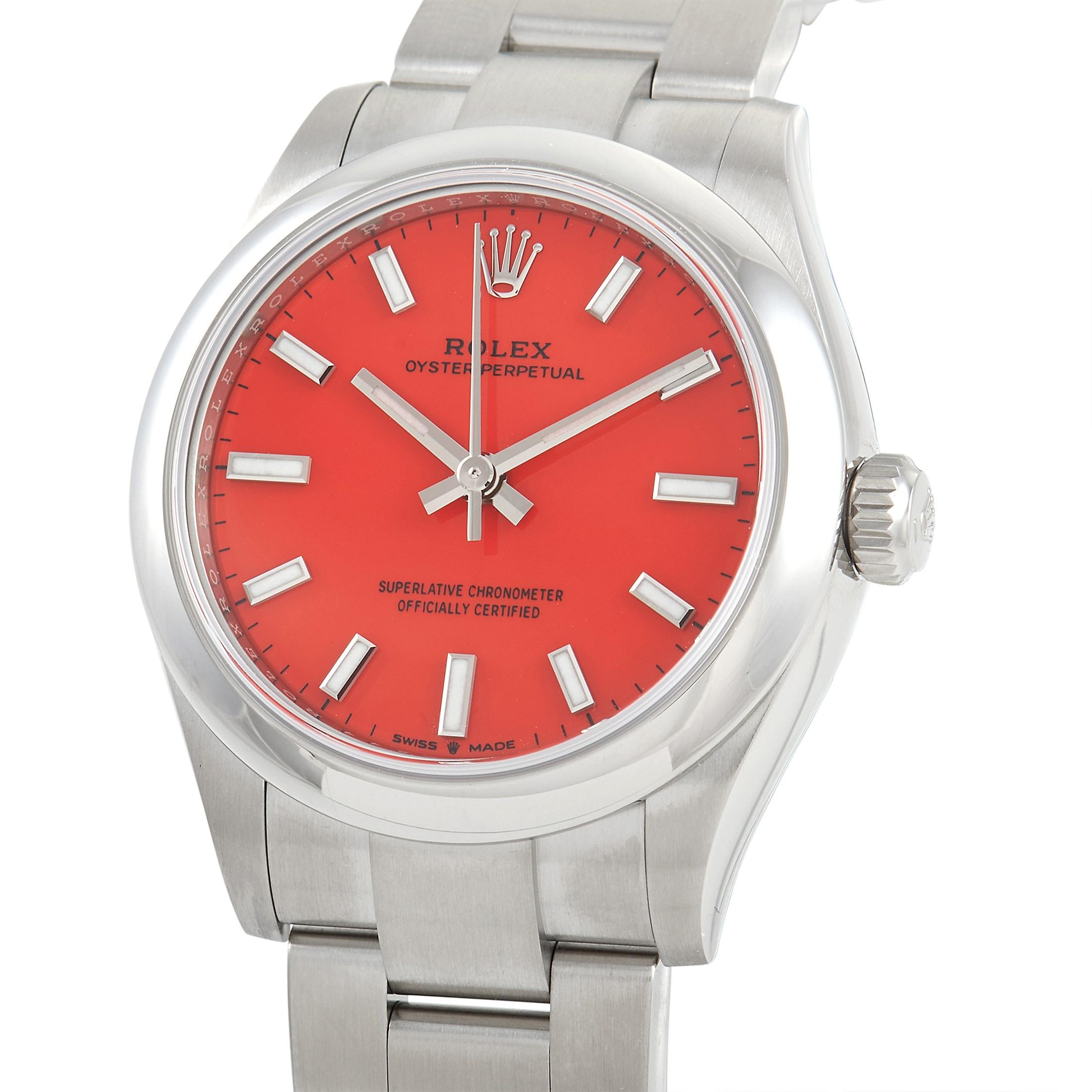 The Rolex Oyster Perpetual Ladies Watch, reference number 277200, is an impeccably crafted piece that will continually impress. 

On this striking timepiece, you’ll find a 31mm case crafted from shimmering stainless steel - but it’s the bold coral
