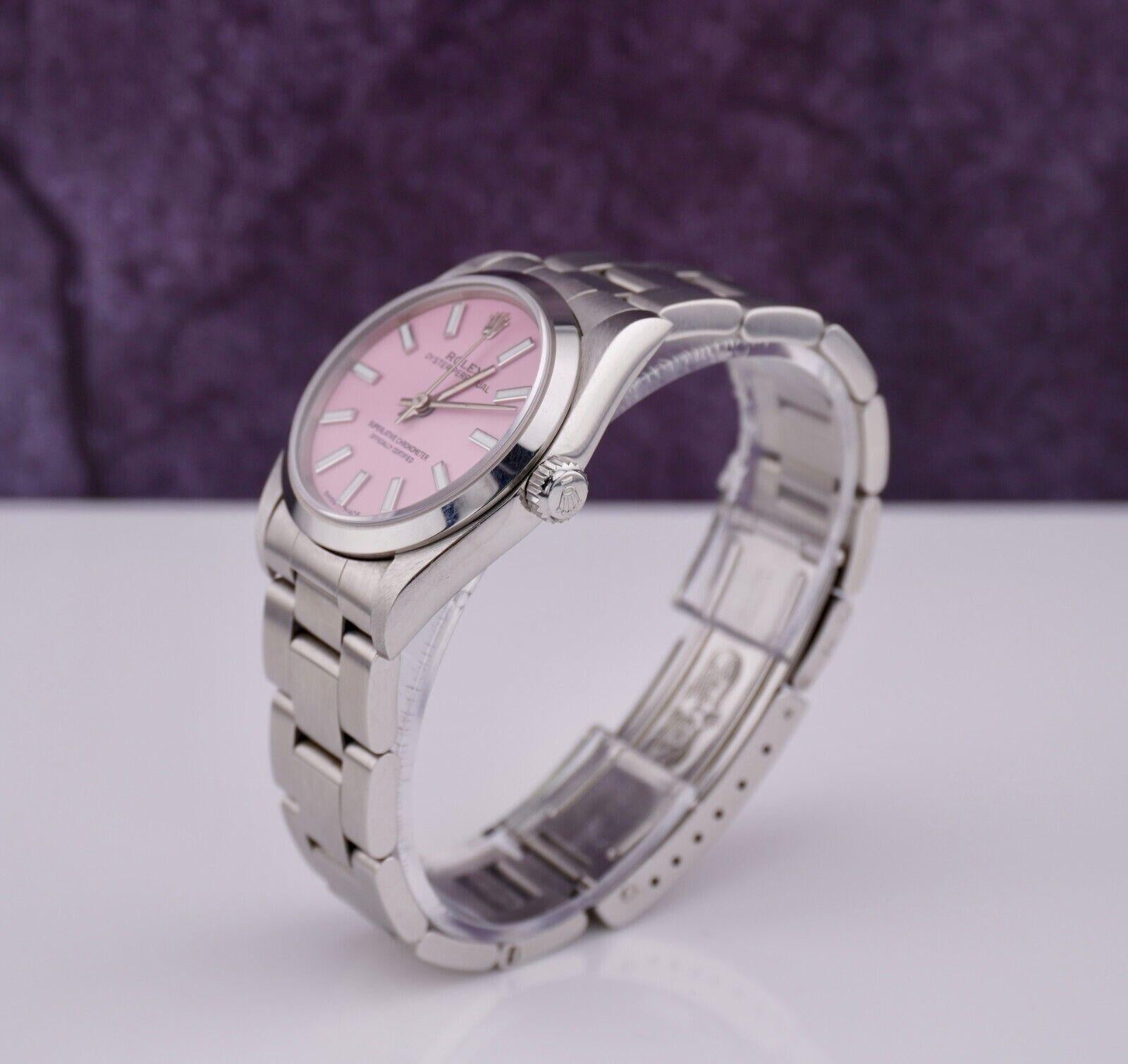 Modern Rolex Oyster Perpetual 31mm Stainless Steel Pink Dial Watch Ref 77080 For Sale