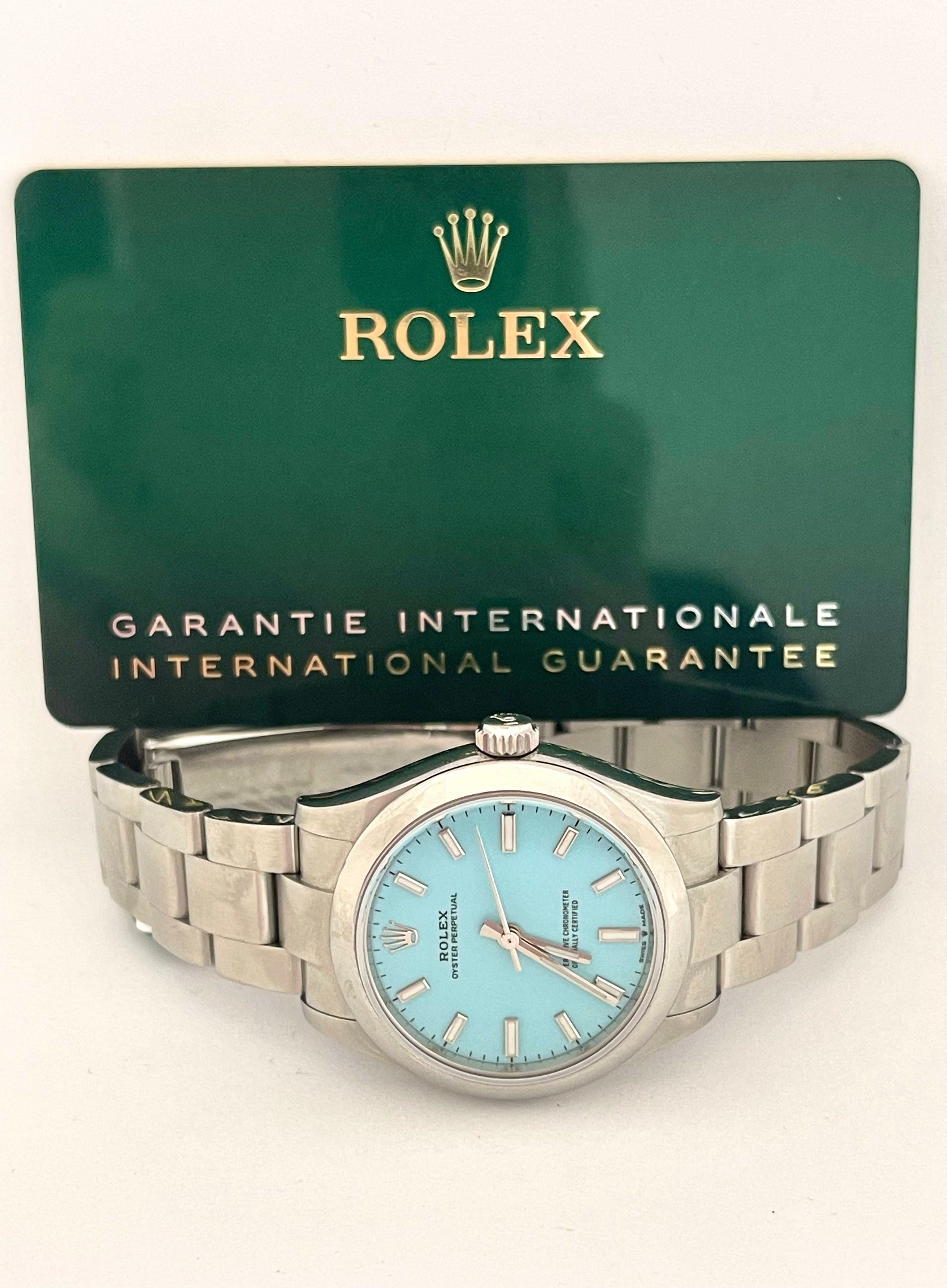 Uncut Rolex Oyster Perpetual 31mm Turquoise Blue Dial Steel Watch 277200  For Sale