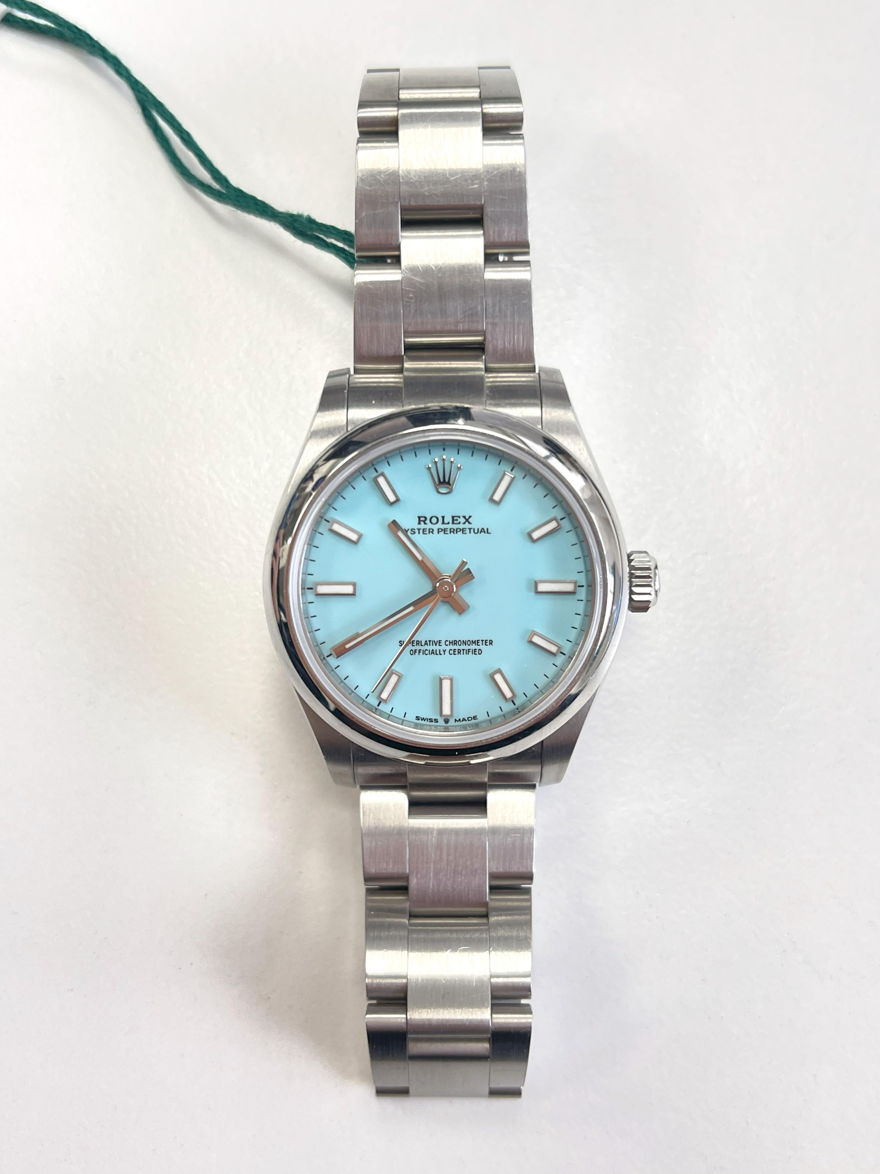 Men's Rolex Oyster Perpetual 31mm Turquoise Blue Dial Steel Watch 277200  For Sale