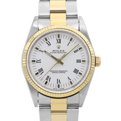 Rolex Oyster Perpetual 34mm 14233 18K Gold Steel White Buckley Dial Mens Watch