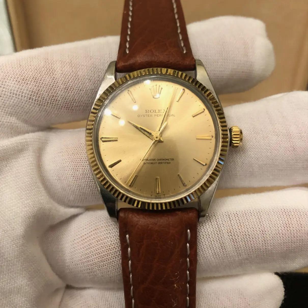 Rolex Oyster Perpetual 34mm 14k Yellow Gold Fluted Bezel Leather In Good Condition In New York, NY