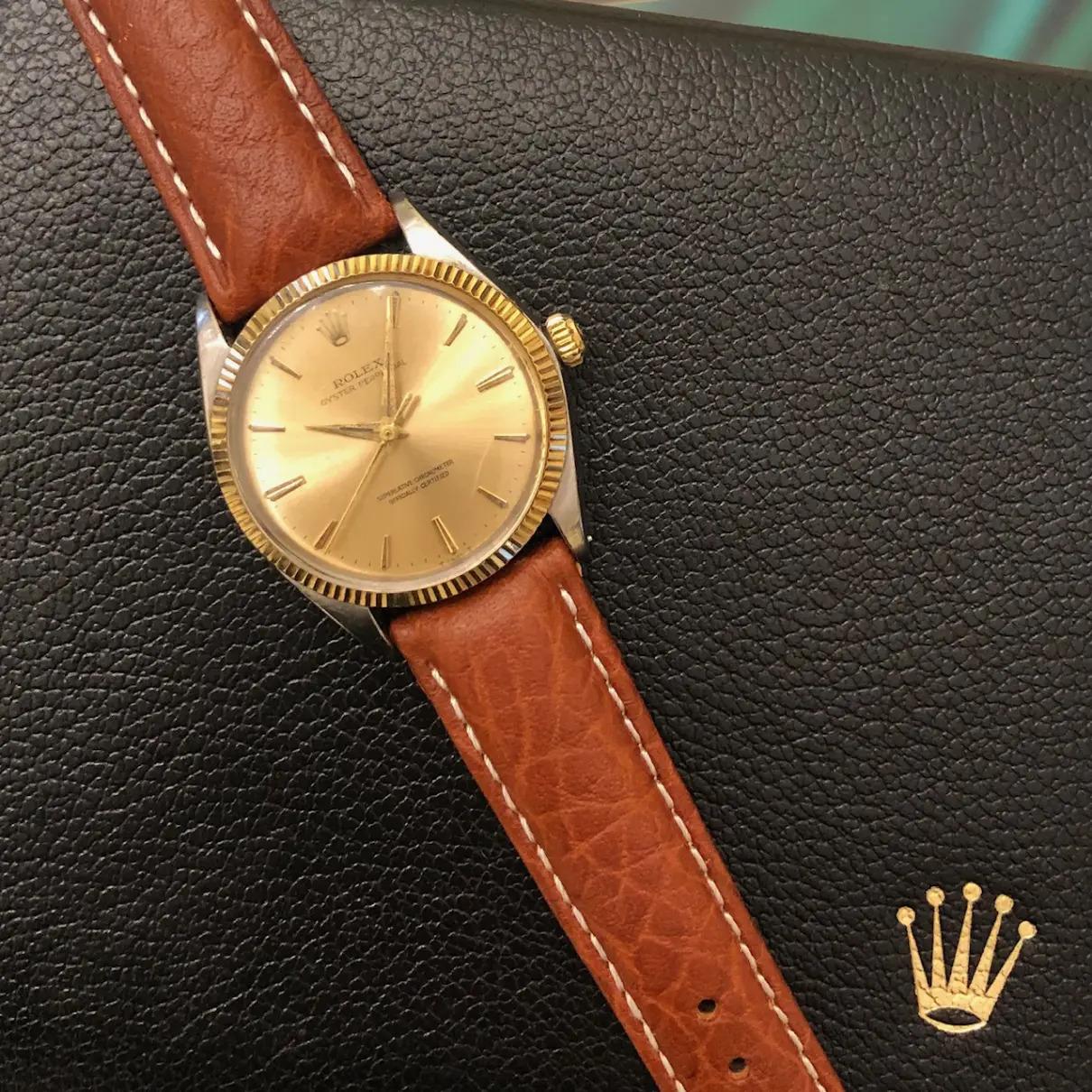 Rolex Oyster Perpetual 34mm 14k Yellow Gold Fluted Bezel Leather 2