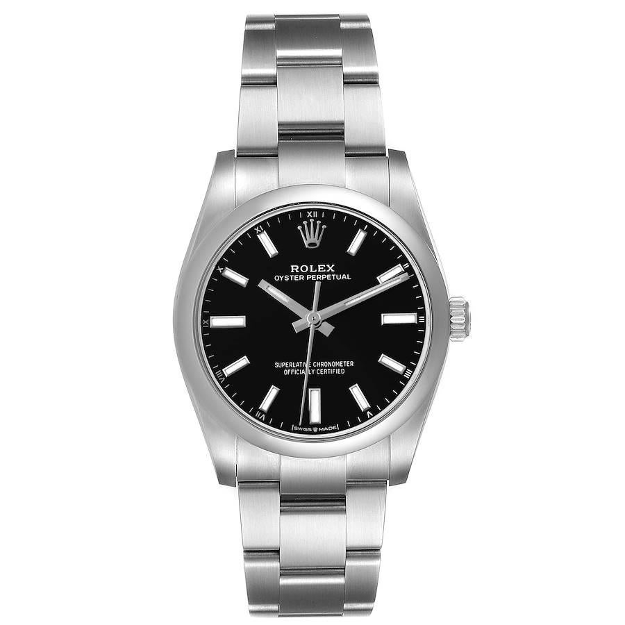 Rolex Oyster Perpetual 34mm Black Dial Steel Unisex Watch 124200 Box Card. Officially certified chronometer self-winding movement. Stainless steel case 34 mm in diameter. Rolex logo on a crown. Stainless steel smooth domed bezel. Scratch resistant