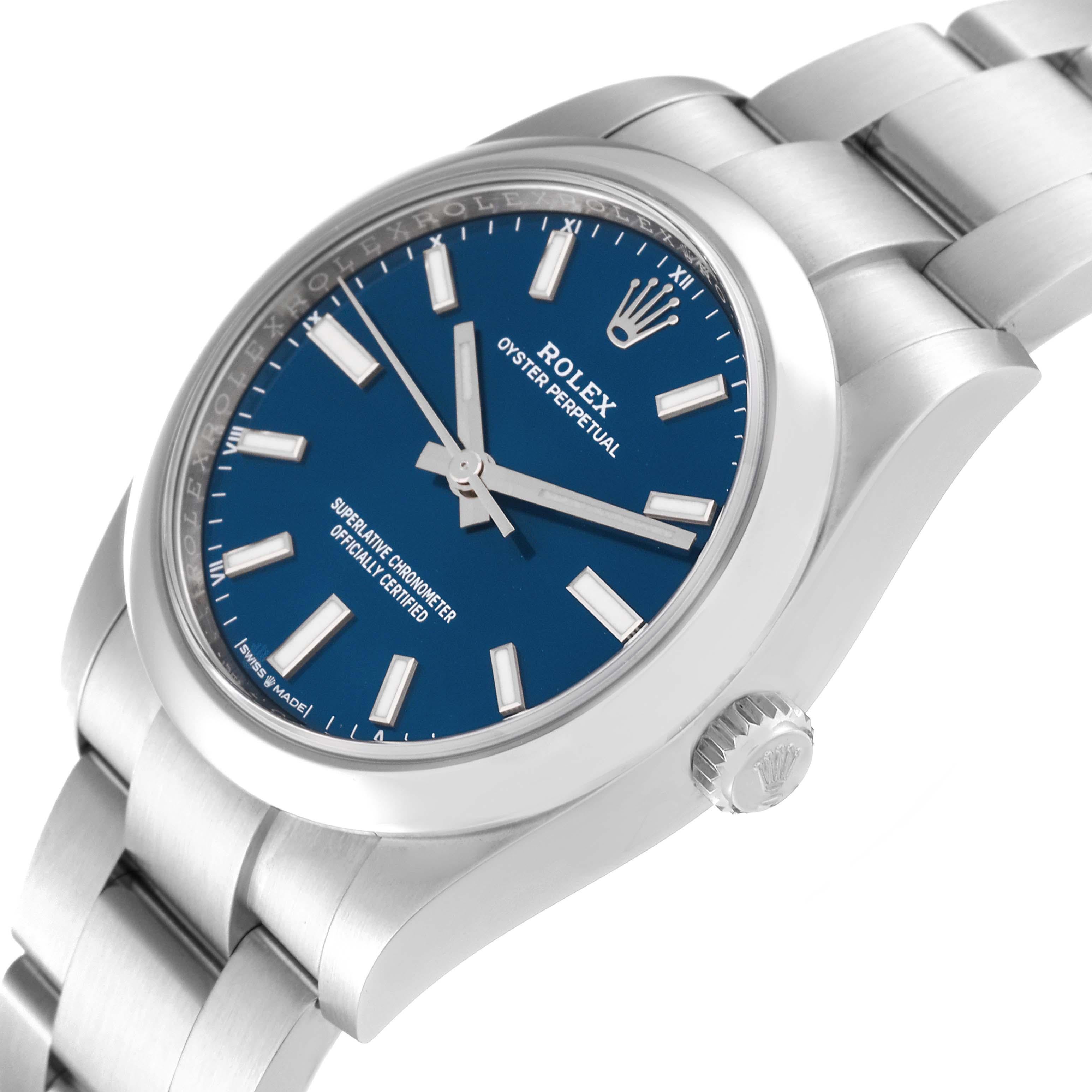 Men's Rolex Oyster Perpetual 34mm Blue Dial Steel Mens Watch 124200 Box Card