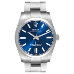 Rolex Oyster Perpetual 34mm Blue Dial Steel Mens Watch 124200 Box Card