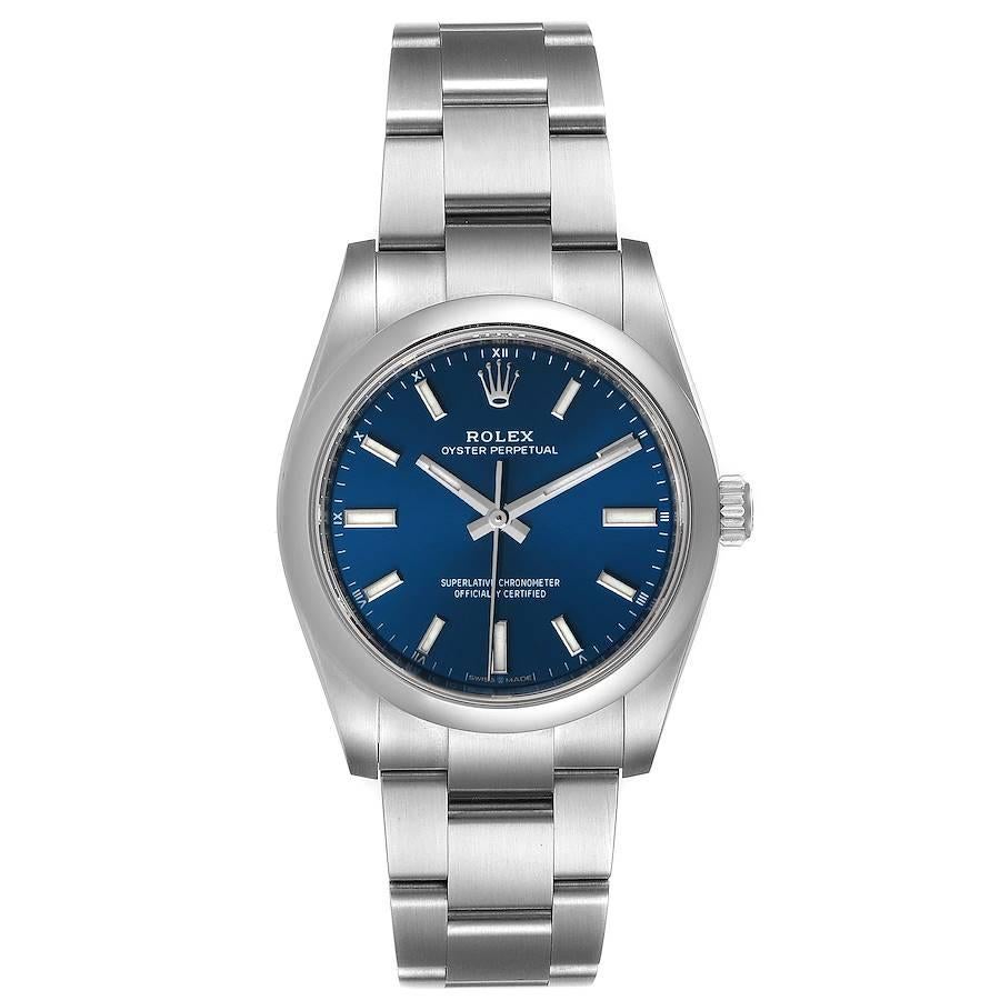 Rolex Oyster Perpetual 34mm Blue Dial Steel Mens Watch 124200 Unworn. Officially certified chronometer self-winding movement. Stainless steel case 34 mm in diameter. Rolex logo on a crown. Stainless steel smooth domed bezel. Scratch resistant