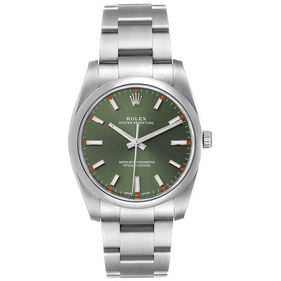 Rolex Oyster Perpetual 34mm Olive Green Dial Steel Watch 114200 Box Card. Officially certified chronometer self-winding movement. Stainless steel case 34.0 mm in diameter.  Rolex logo on a crown. Stainless steel smooth domed bezel. Scratch resistant