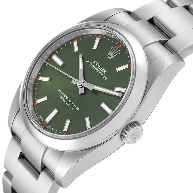 Rolex Oyster Perpetual Olive Green Dial Steel Watch 114200 Box Card For  Sale at 1stDibs