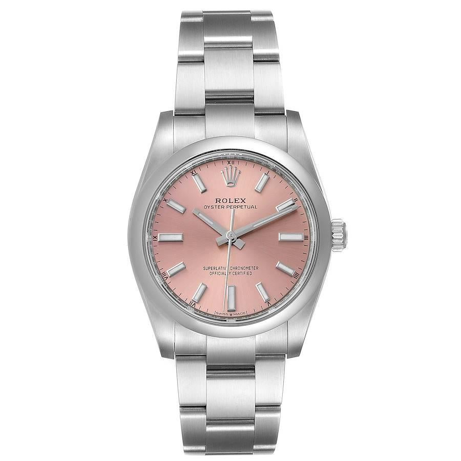 Rolex Oyster Perpetual 34mm Pink Dial Steel Mens Watch 124200 Unworn. Officially certified chronometer self-winding movement. Stainless steel case 34 mm in diameter. Rolex logo on a crown. Stainless steel smooth domed bezel. Scratch resistant