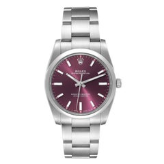 Rolex Oyster Perpetual 34mm Red Grape Dial Steel Mens Watch 114200 Box Card
