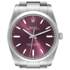 Rolex Oyster Perpetual 34mm Red Grape Dial Steel Mens Watch 114200 Box Card