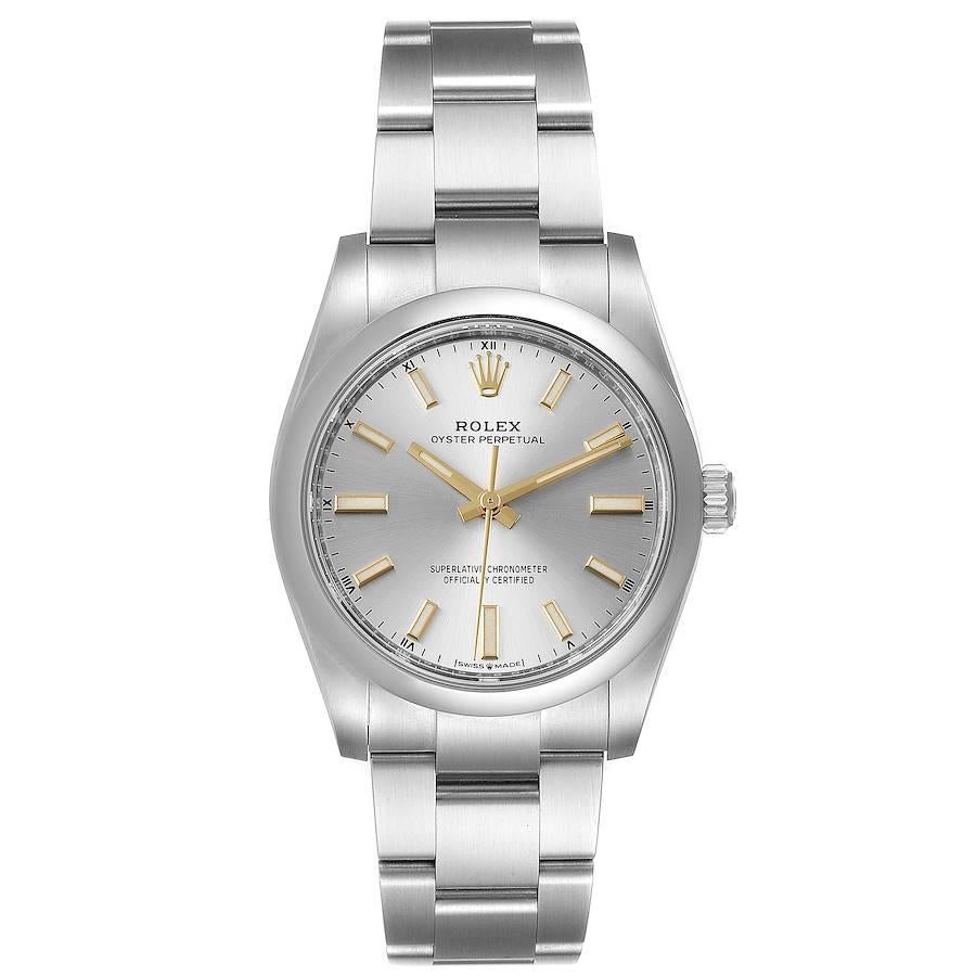 Rolex Oyster Perpetual 34mm Silver Dial Steel Mens Watch 124200 Box Card. Officially certified chronometer self-winding movement. Stainless steel case 34 mm in diameter. Rolex logo on a crown. Stainless steel smooth domed bezel. Scratch resistant