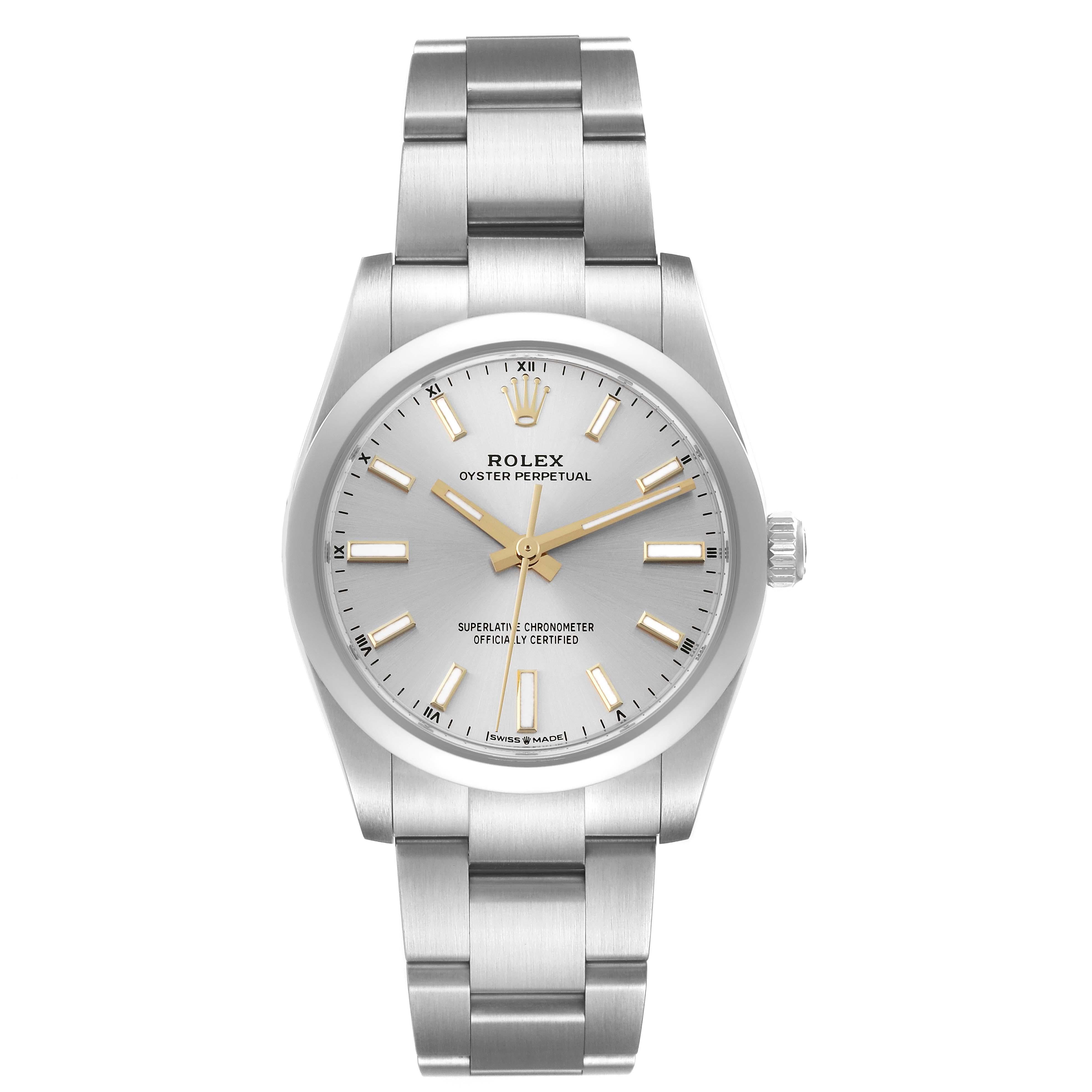 Rolex Oyster Perpetual 34mm Silver Dial Steel Mens Watch 124200 Box Card. Officially certified chronometer automatic self-winding movement. Stainless steel case 34 mm in diameter. Rolex logo on a crown. Stainless steel smooth domed bezel. Scratch