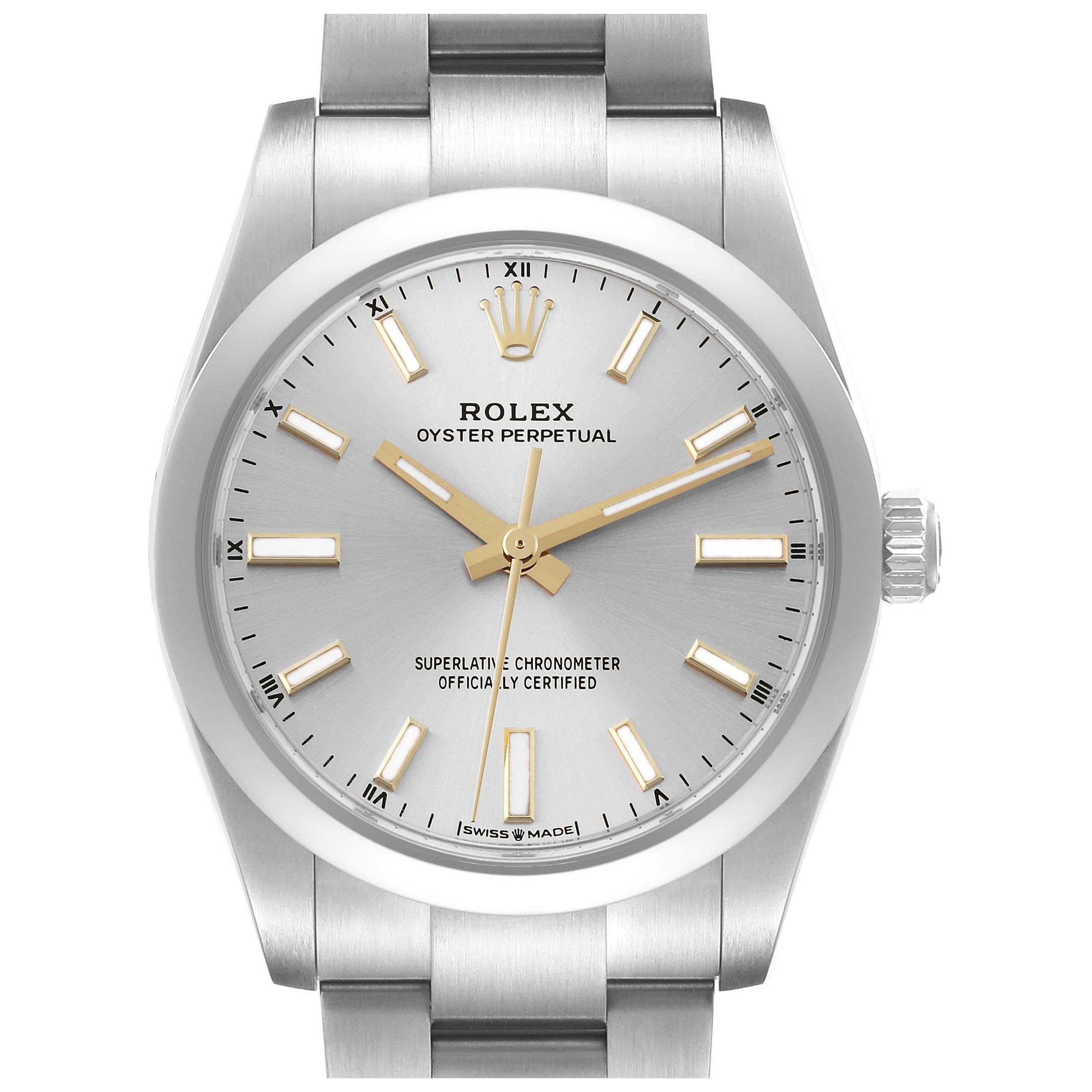 Rolex Oyster Perpetual 34mm Quadrante Argento Acciaio Orologio Uomo 124200 Scheda Scatola