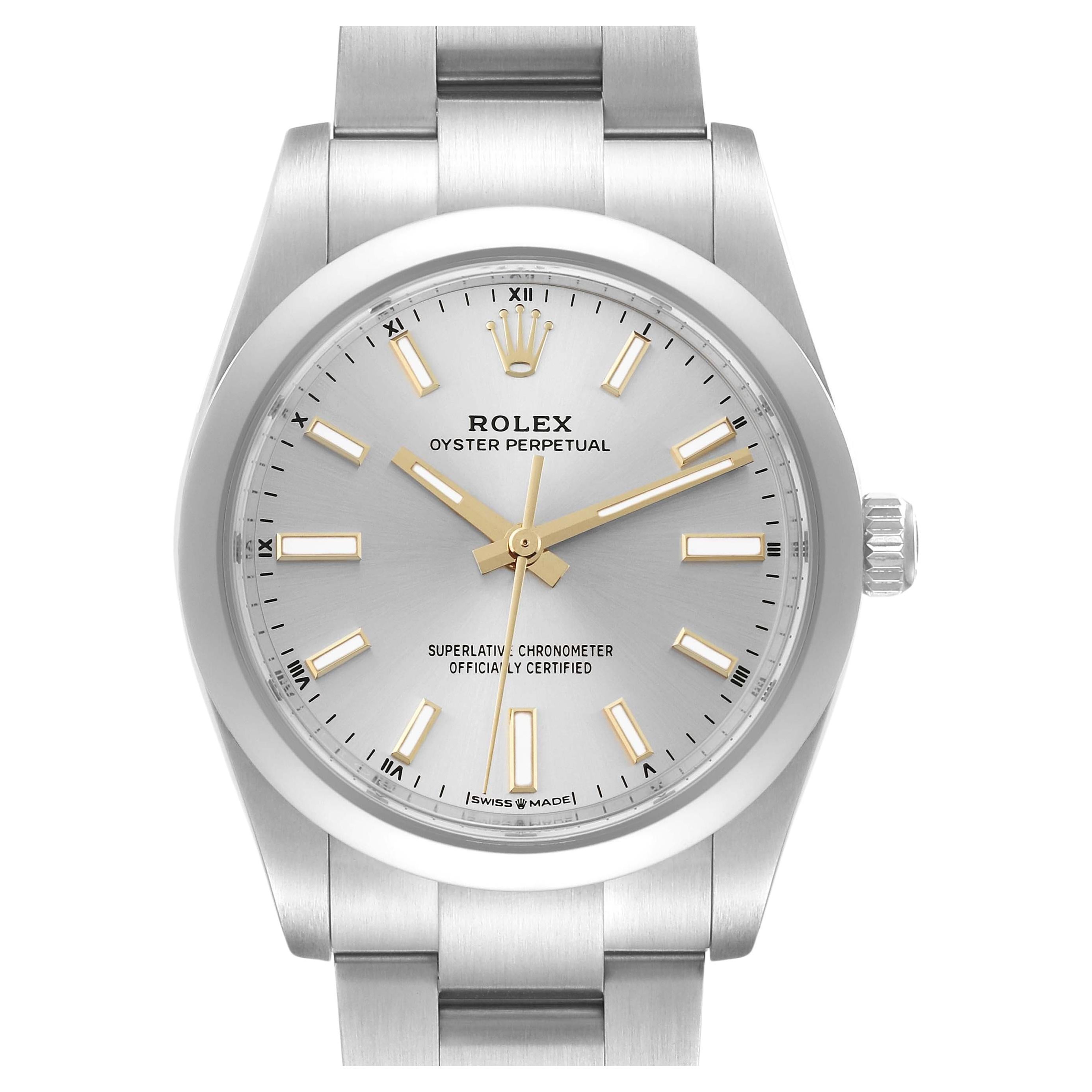 Rolex Oyster Perpetual 34mm Silver Dial Steel Mens Watch 124200 Box Card