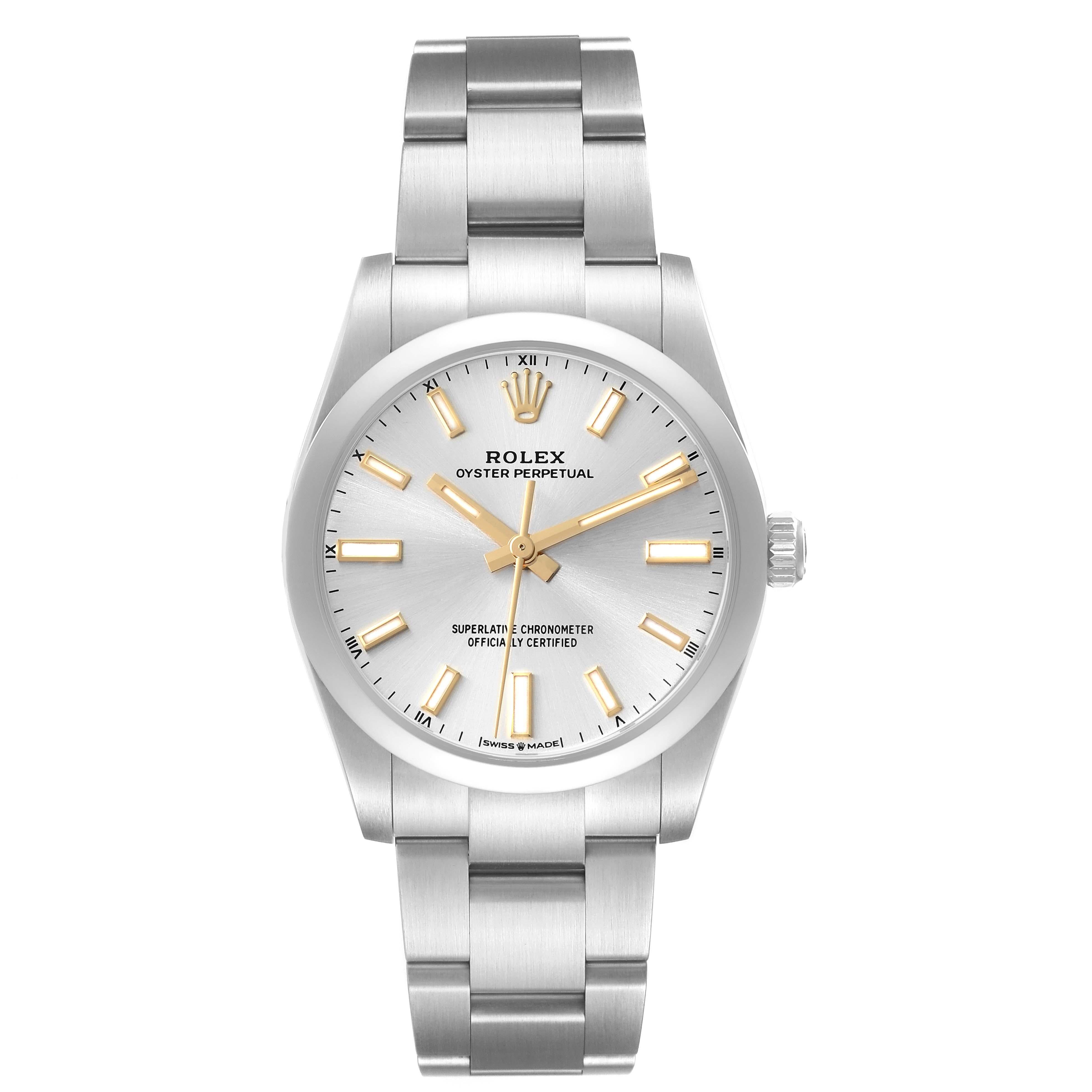 Rolex Oyster Perpetual 34mm Silver Dial Steel Mens Watch 124200. Officially certified chronometer automatic self-winding movement. Stainless steel case 34 mm in diameter. Rolex logo on a crown. Stainless steel smooth domed bezel. Scratch resistant