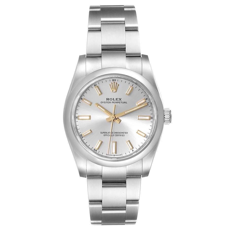 Rolex Oyster Perpetual 34mm Silver Dial Steel Mens Watch 124200 Unworn. Officially certified chronometer self-winding movement. Stainless steel case 34 mm in diameter. Rolex logo on a crown. Stainless steel smooth domed bezel. Scratch resistant