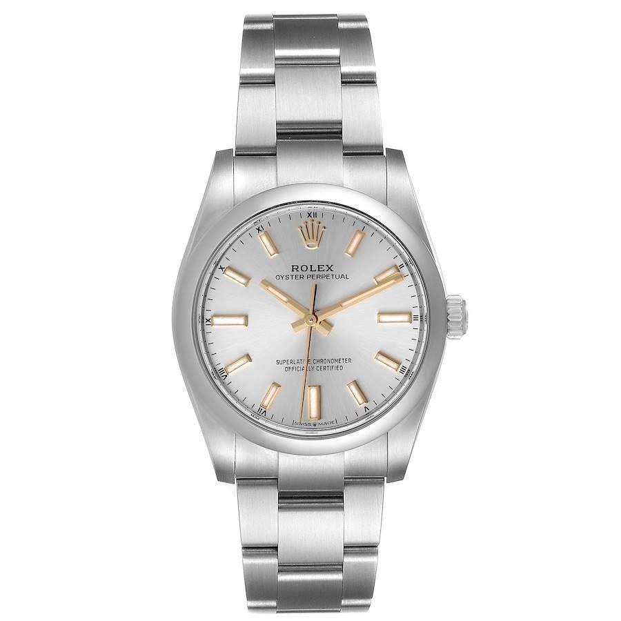 Rolex Oyster Perpetual 34mm Silver Dial Steel Mens Watch 124200 Unworn. Officially certified chronometer self-winding movement. Stainless steel case 34 mm in diameter. Rolex logo on a crown. Stainless steel smooth domed bezel. Scratch resistant